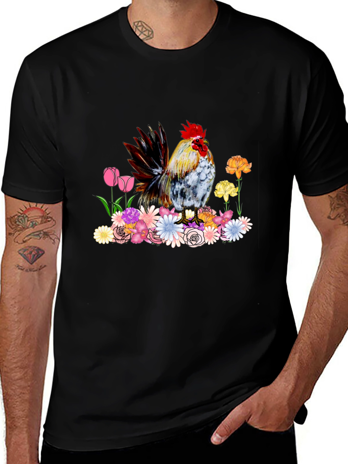 Variant 27 of Rooster and Floral Graphic Tee