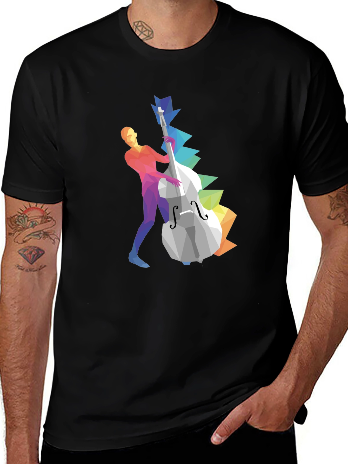 Variant 17 of Musical T-Shirt: Geometric Bass Player Design