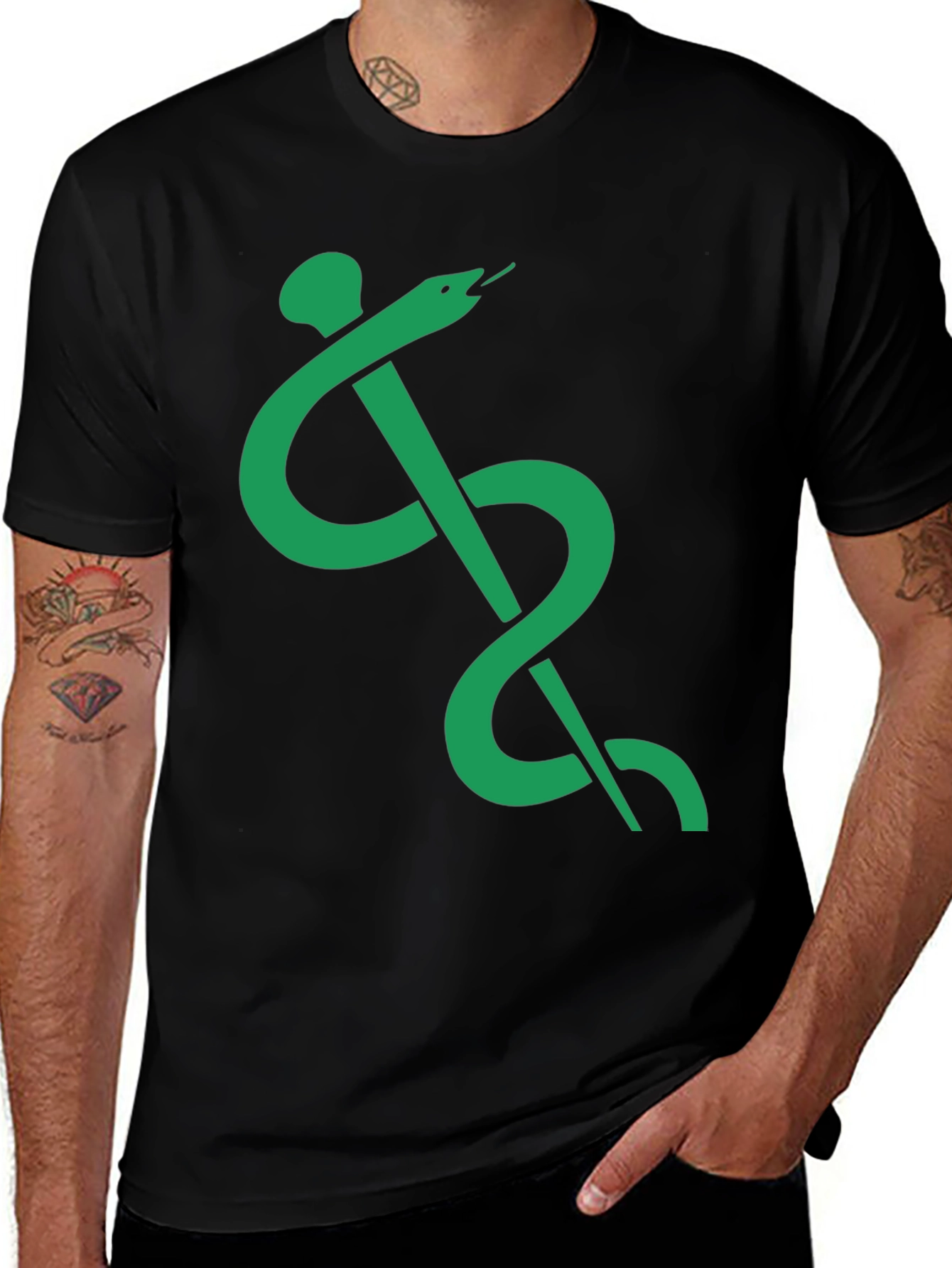 Caduceus Symbol T-Shirt - Green Medical Serpent on Black