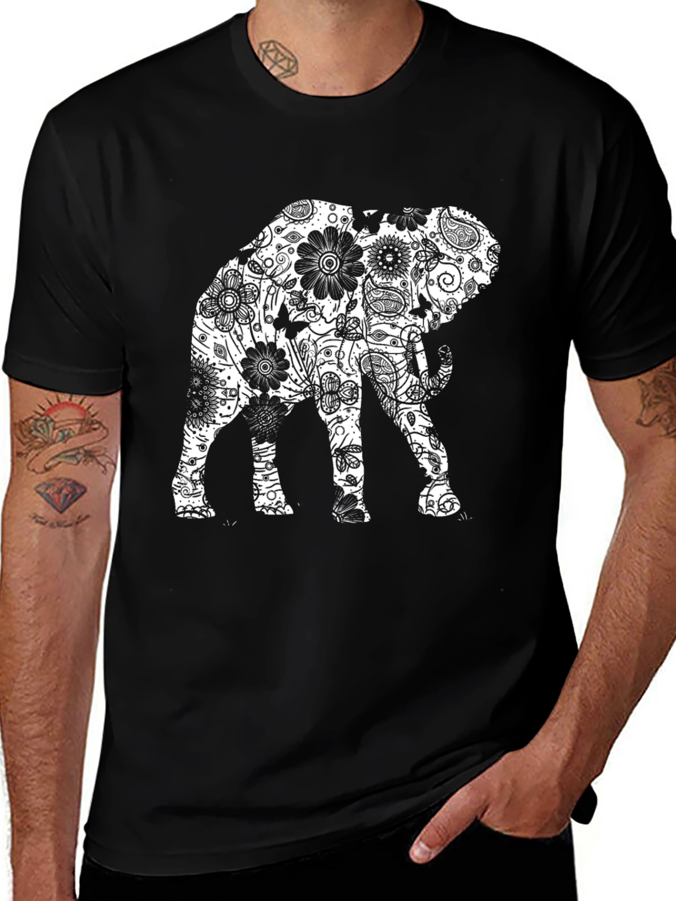 Variant 12 of Floral Elephant Graphic Black T-Shirt