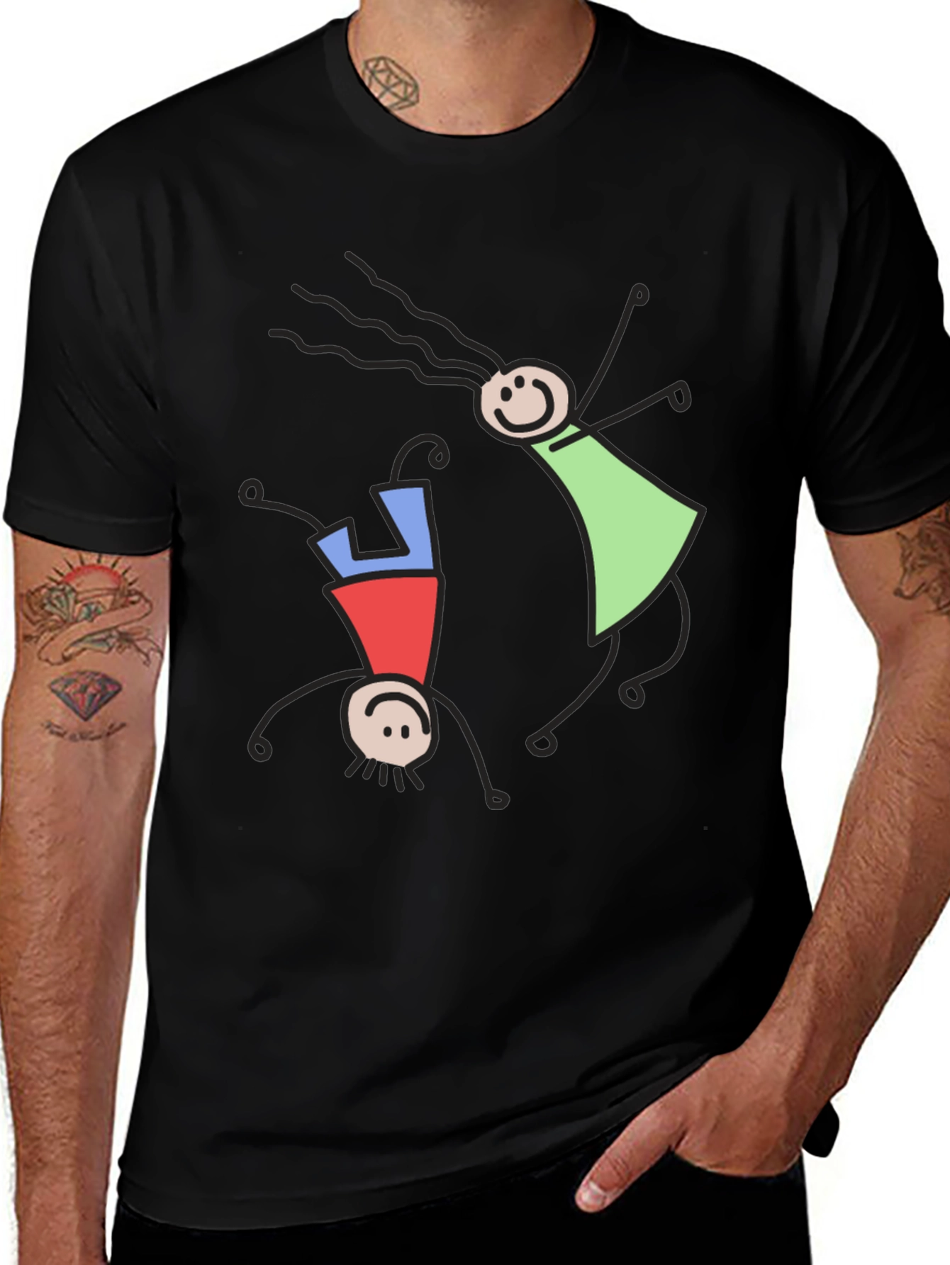 Whimsical Stick Figure Graphic Tee - Black