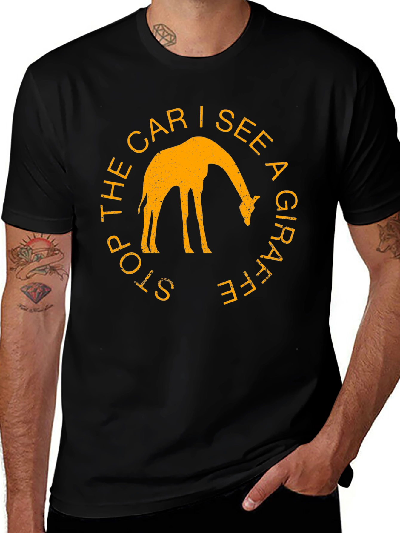 Variant 7 of Giraffe Graphic Tee - Stop The Car I See A Giraffe Black Shirt