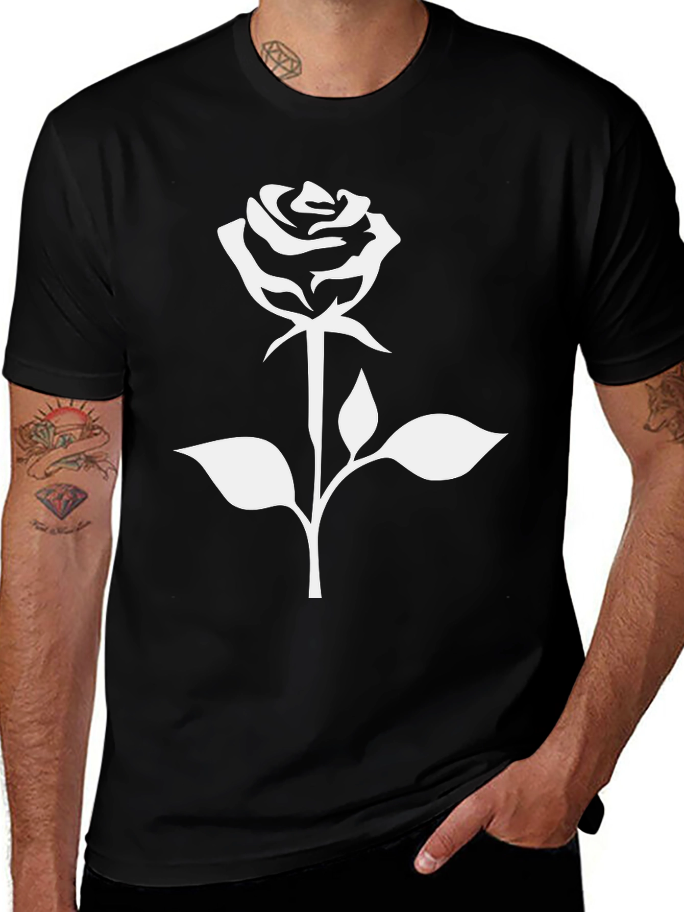 Variant 11 of Black T-Shirt with White Rose Graphic Print