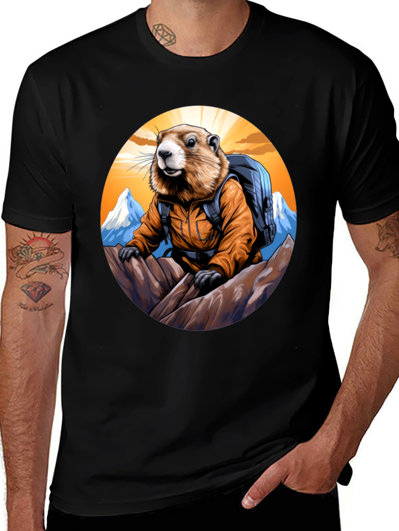 Black Hiking Marmot T-Shirt - Mountain Adventure main image