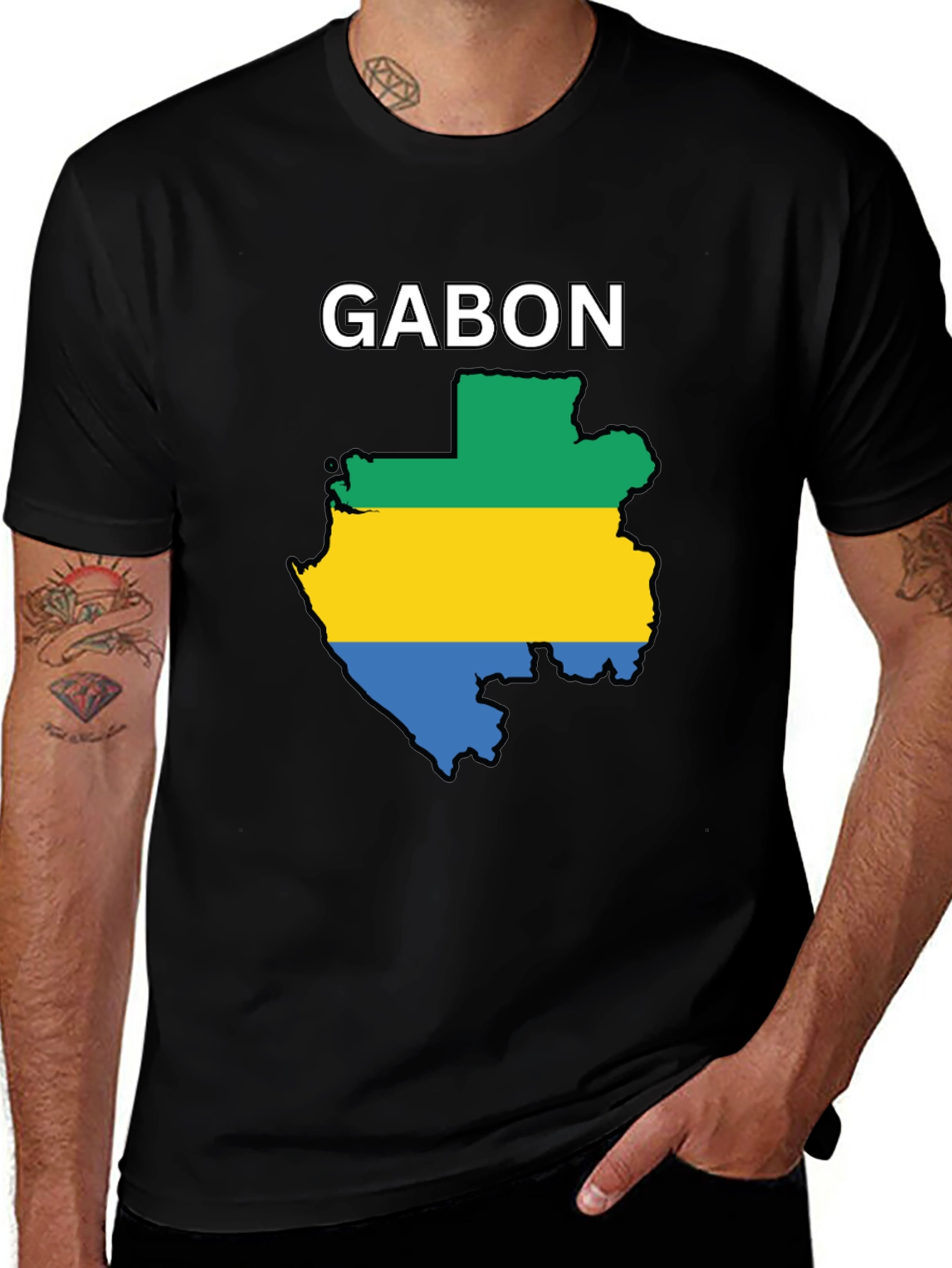 Gabon Flag Map T-Shirt - Black Cotton Tee