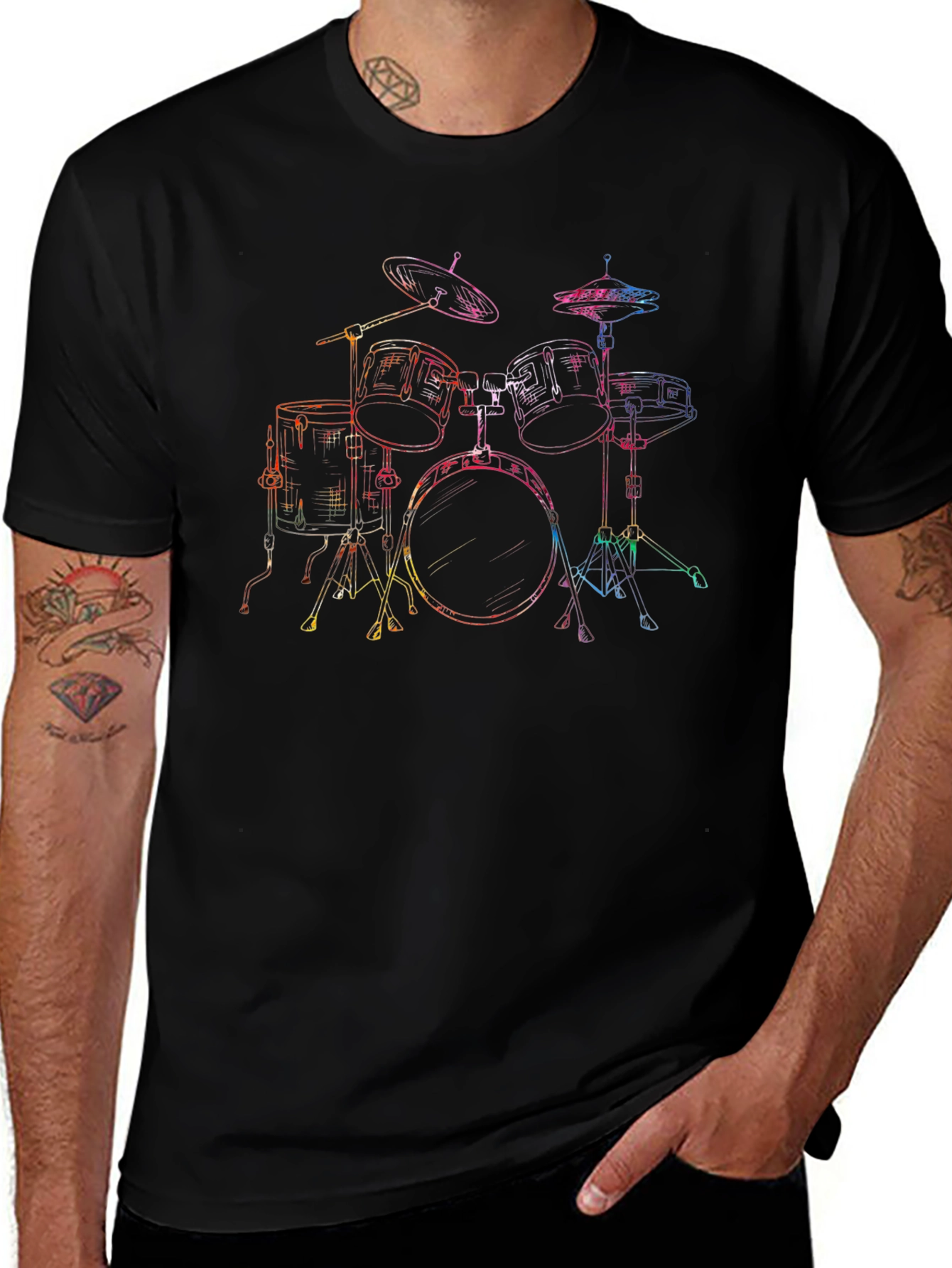 Variant 26 of Cool Drum Set Line Art Graphic Tee - Black T-Shirt