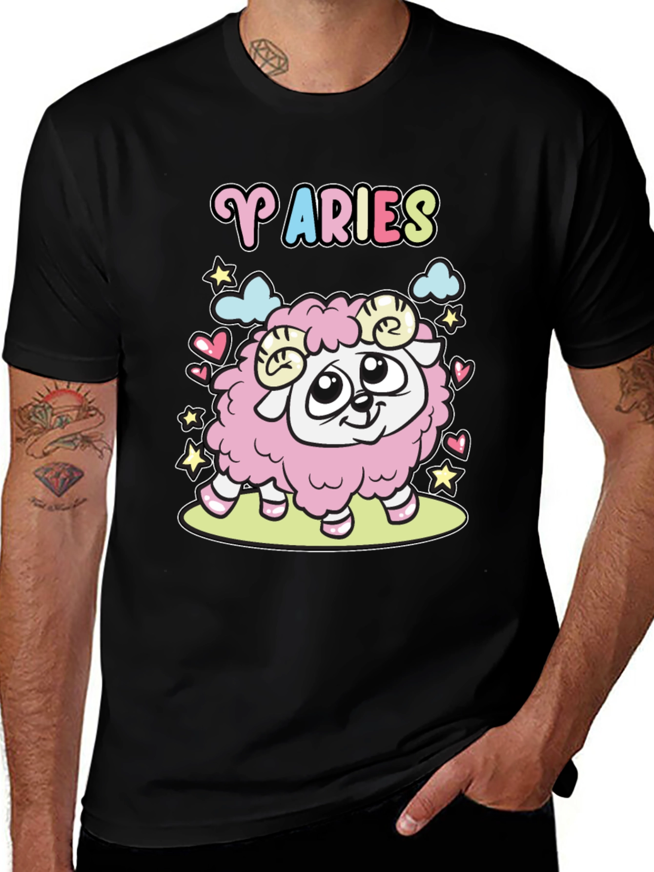 Aries Zodiac Cartoon Graphic Black Tee