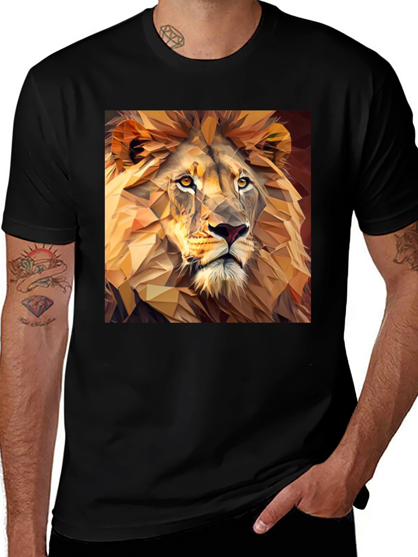 Variant 19 of Geometric Lion Print Black T-Shirt