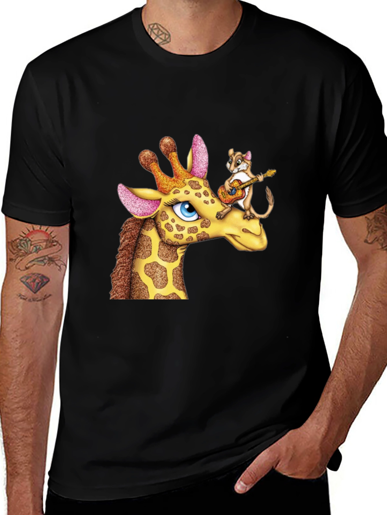Variant 22 of Giraffe & Squirrel Cartoon Graphic Black T-Shirt