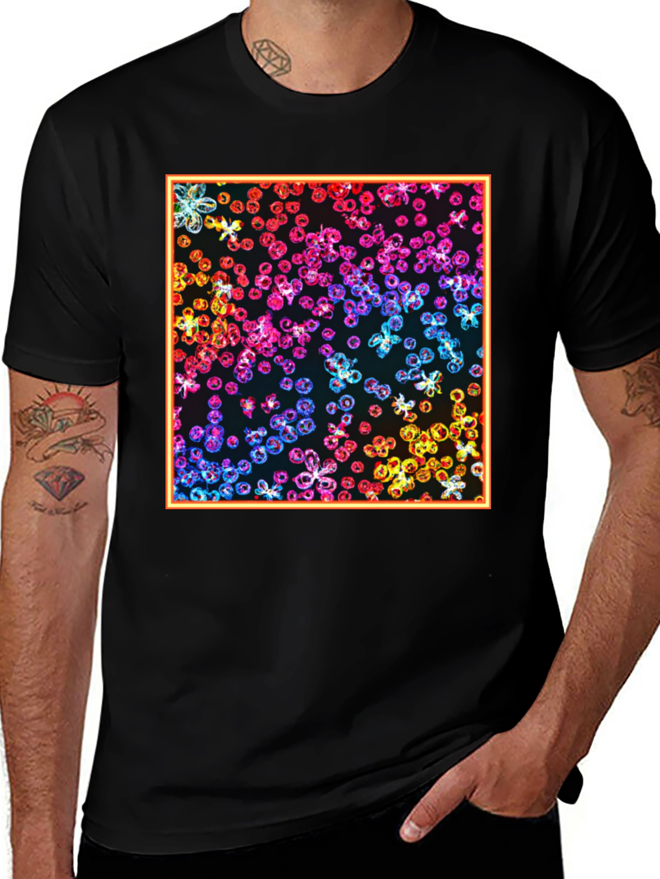 Variant 24 of Rainbow Floral Graphic Print Black T-Shirt