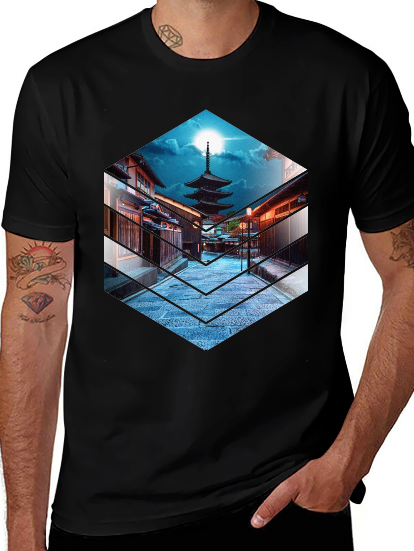 Variant 7 of Japanese Pagoda Graphic Tee - Black Cotton T-Shirt