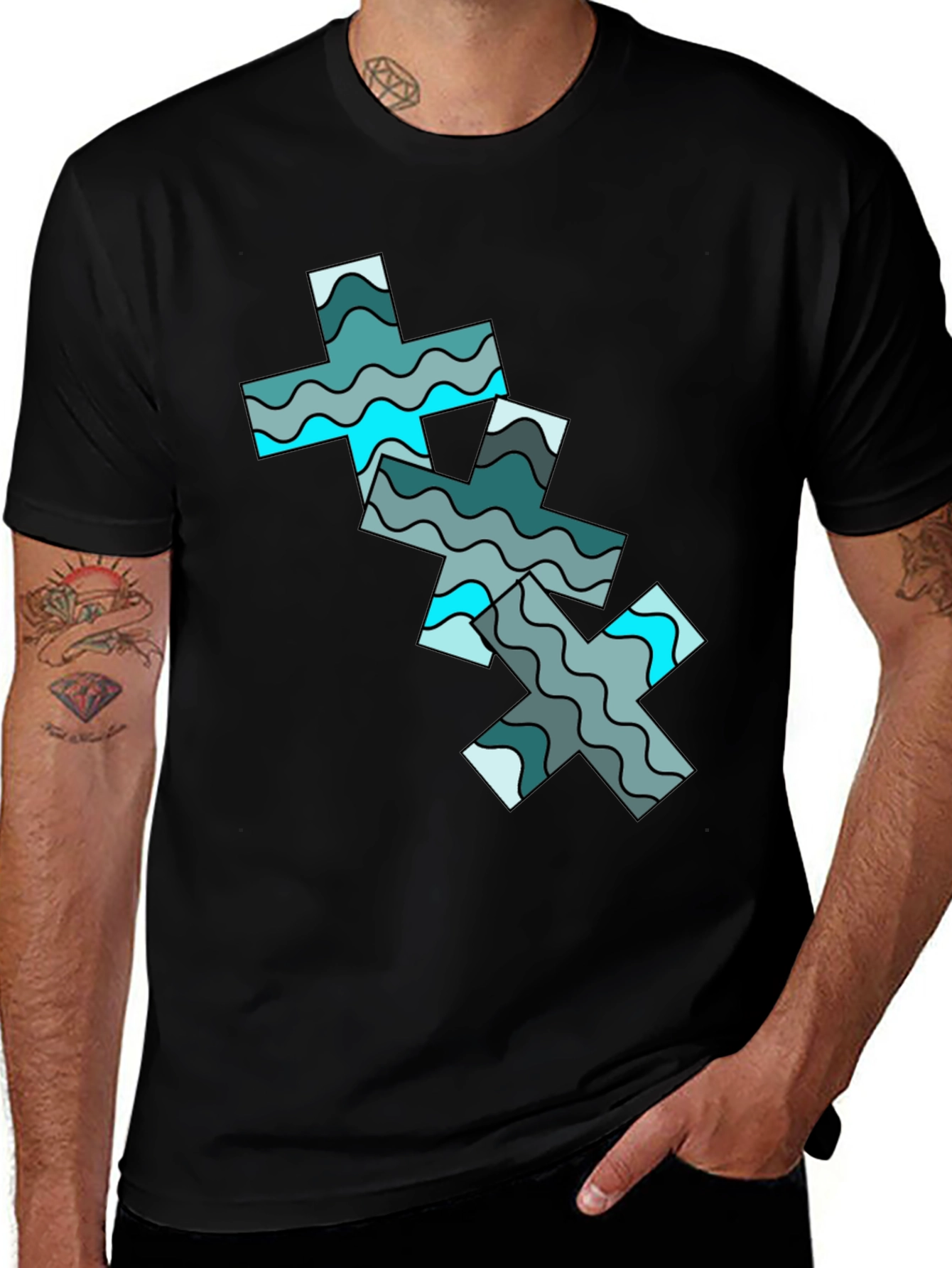 Stylish Black Tee with Abstract Cross Pattern