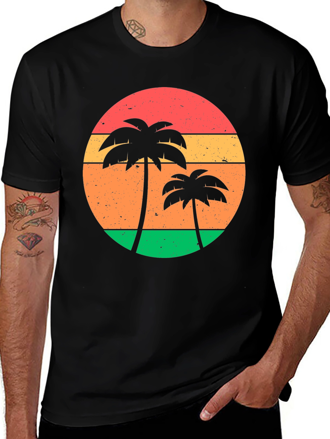 Variant 11 of Retro Sunset Palm Tree Graphic Tee - Black