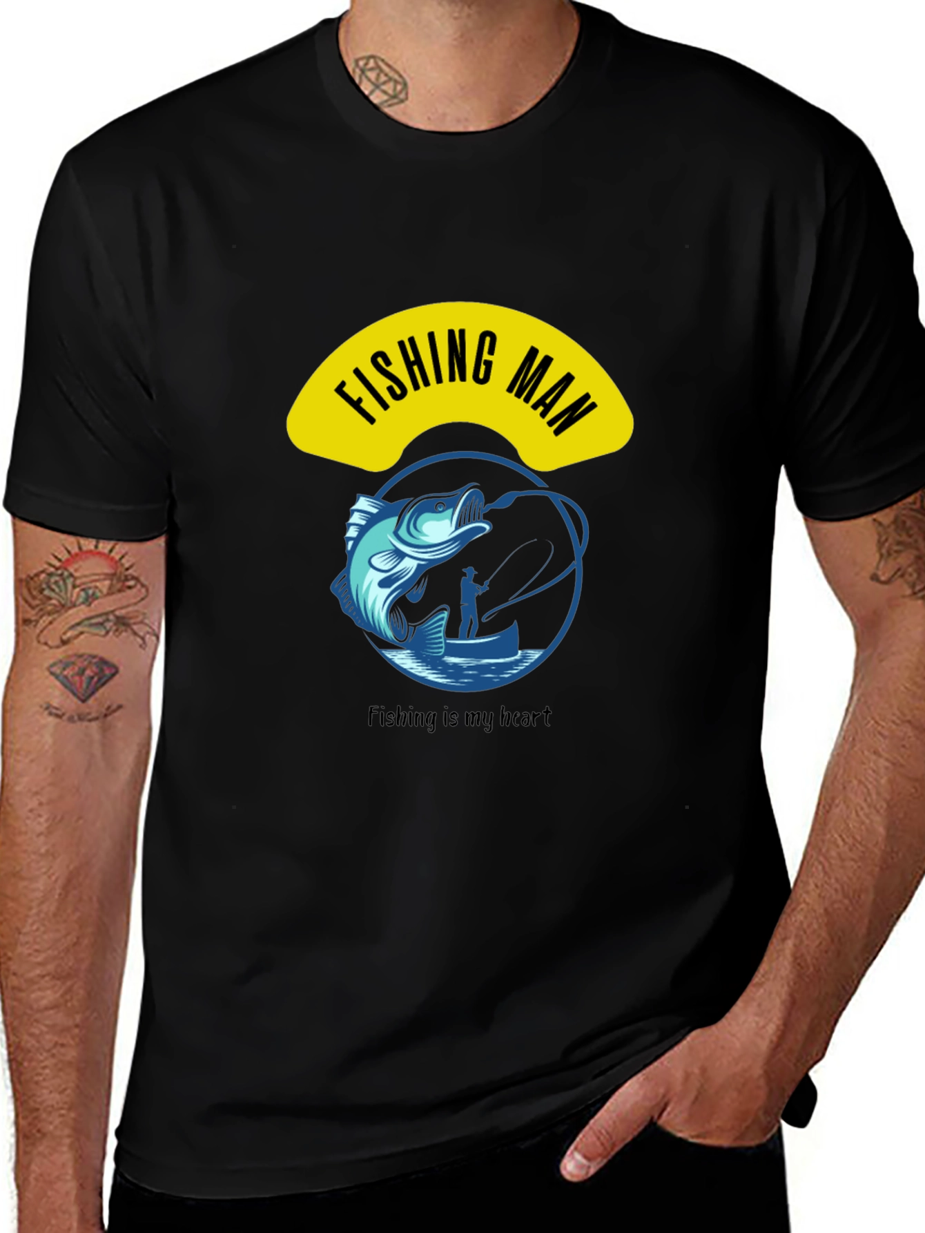 Variant 11 of Fishing Man Graphic Tee - Black Cotton T-Shirt