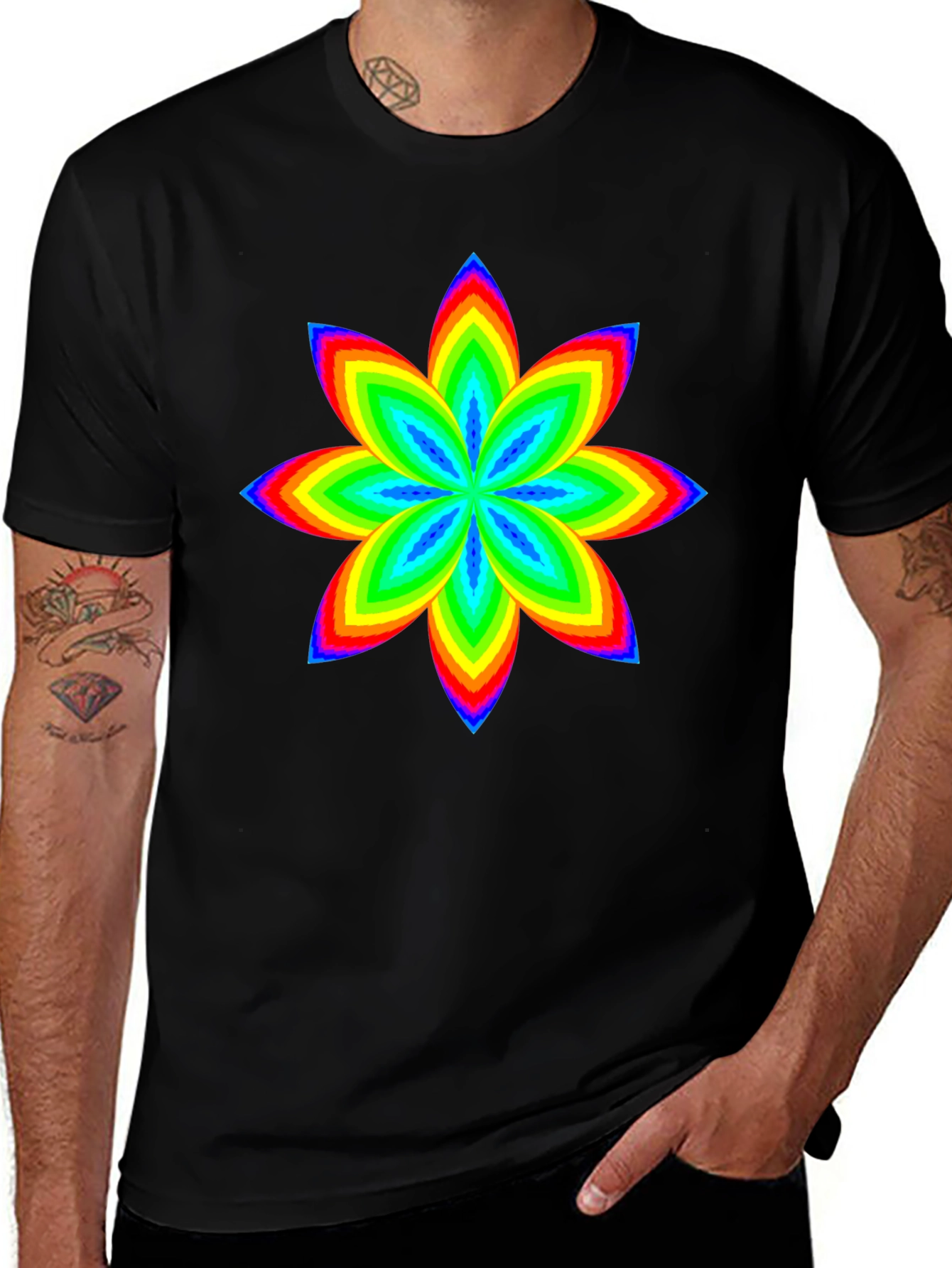 Variant 9 of Rainbow Flower Graphic Black T-Shirt