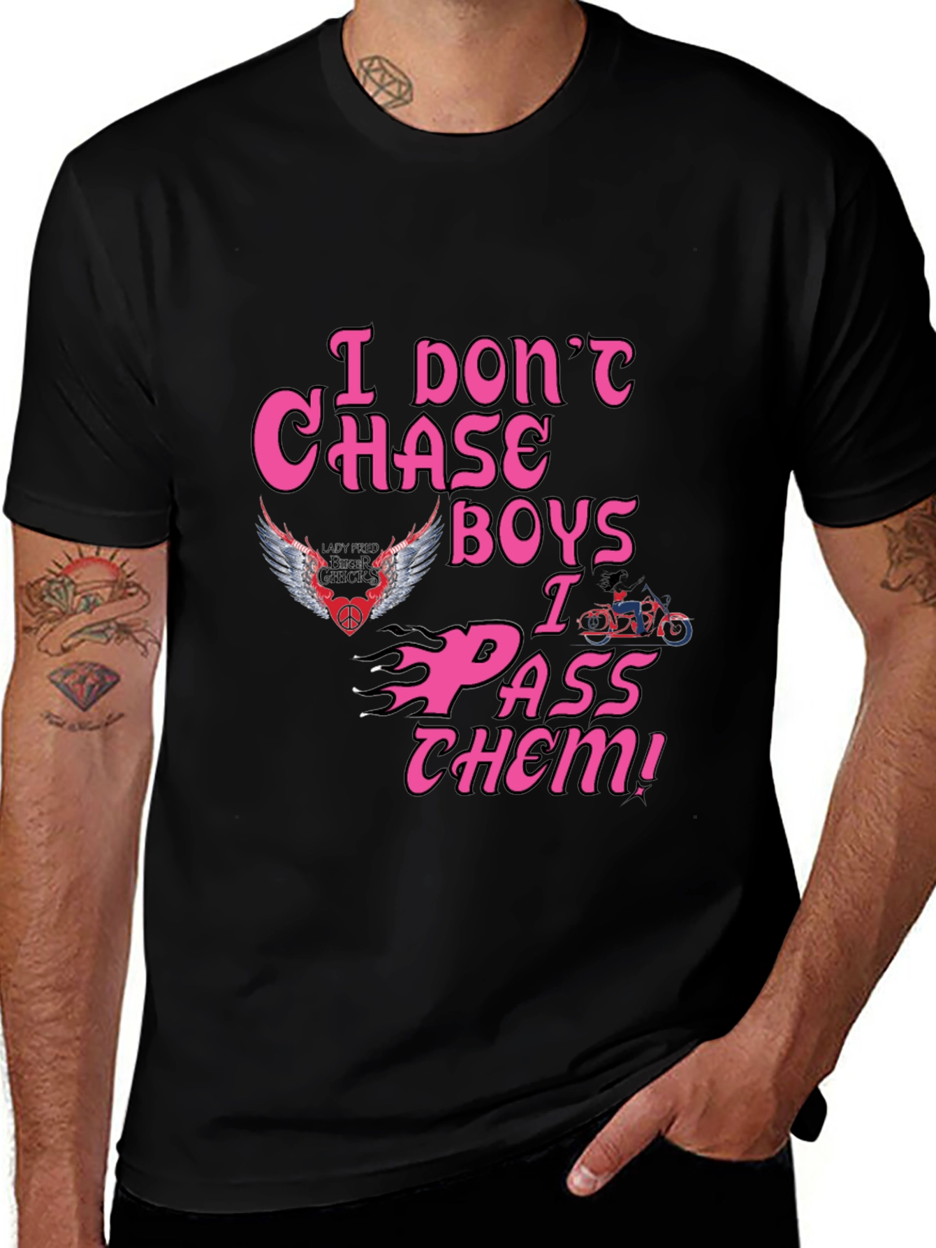 Variant 25 of I Don't Chase Boys T-Shirt: Edgy Motorcycle Design
