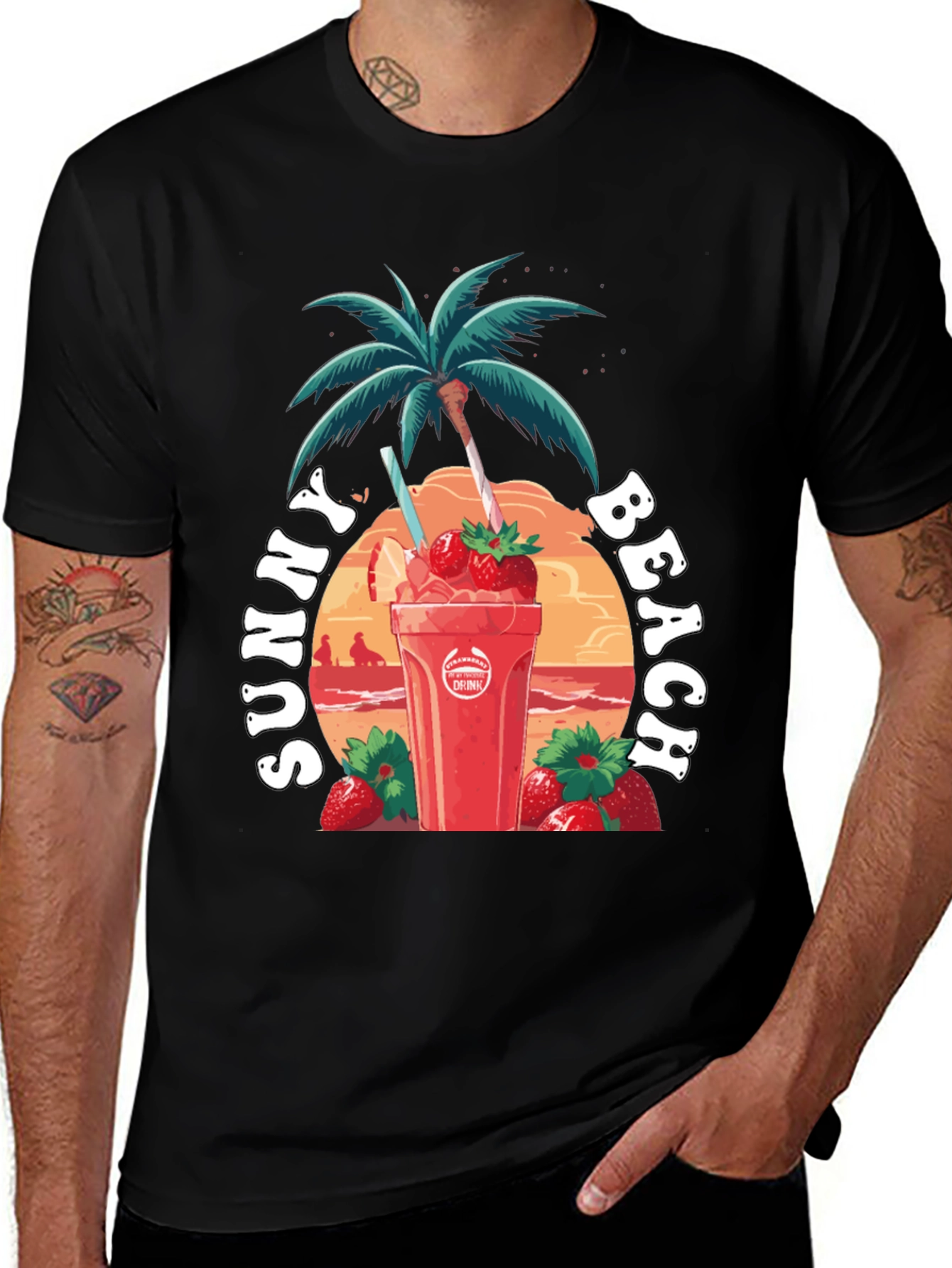 Sunny Beach Strawberry Drink Graphic T-Shirt