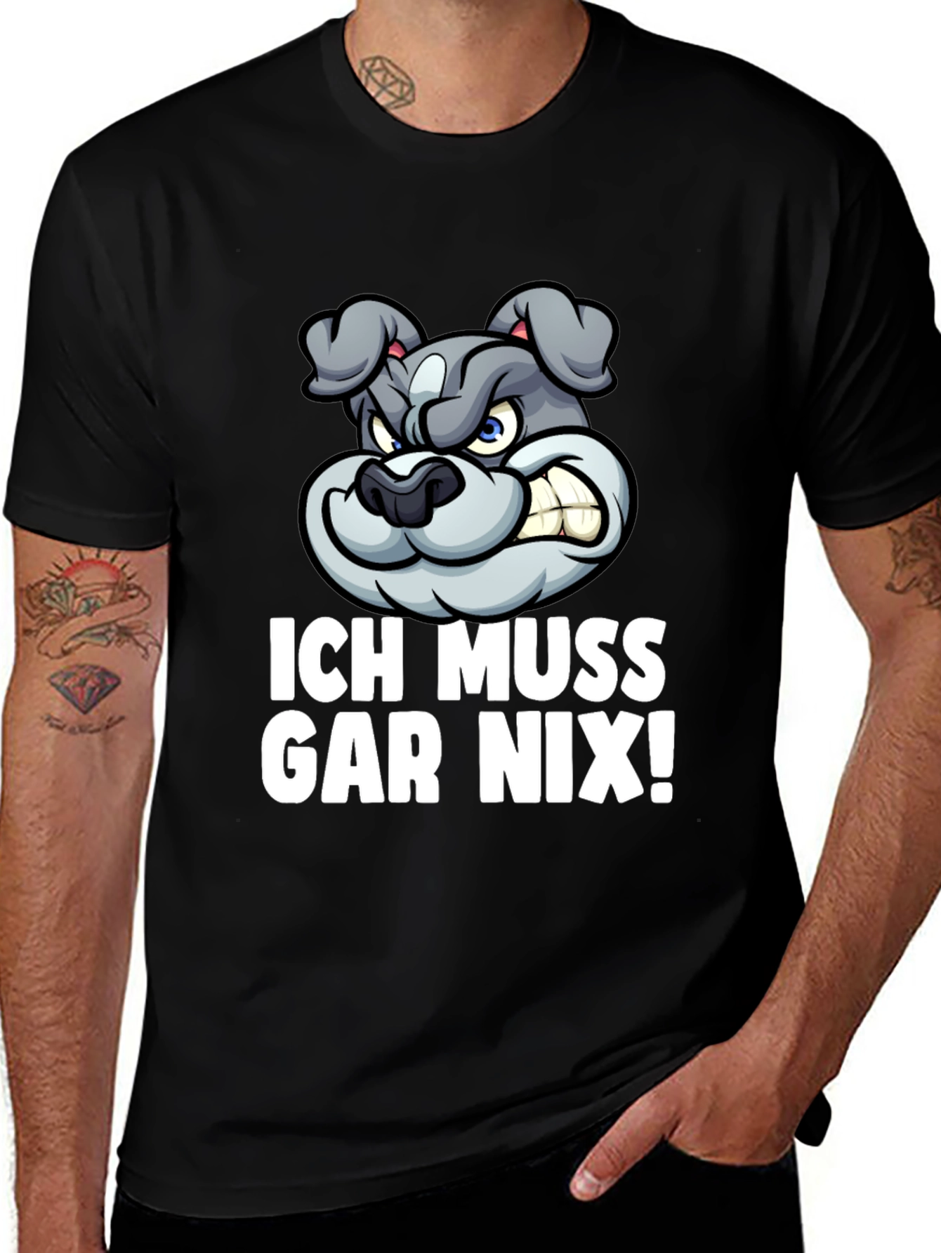 Black Funny Bulldog Graphic Tee - "Ich Muss Gar Nix!" T-Shirt main image