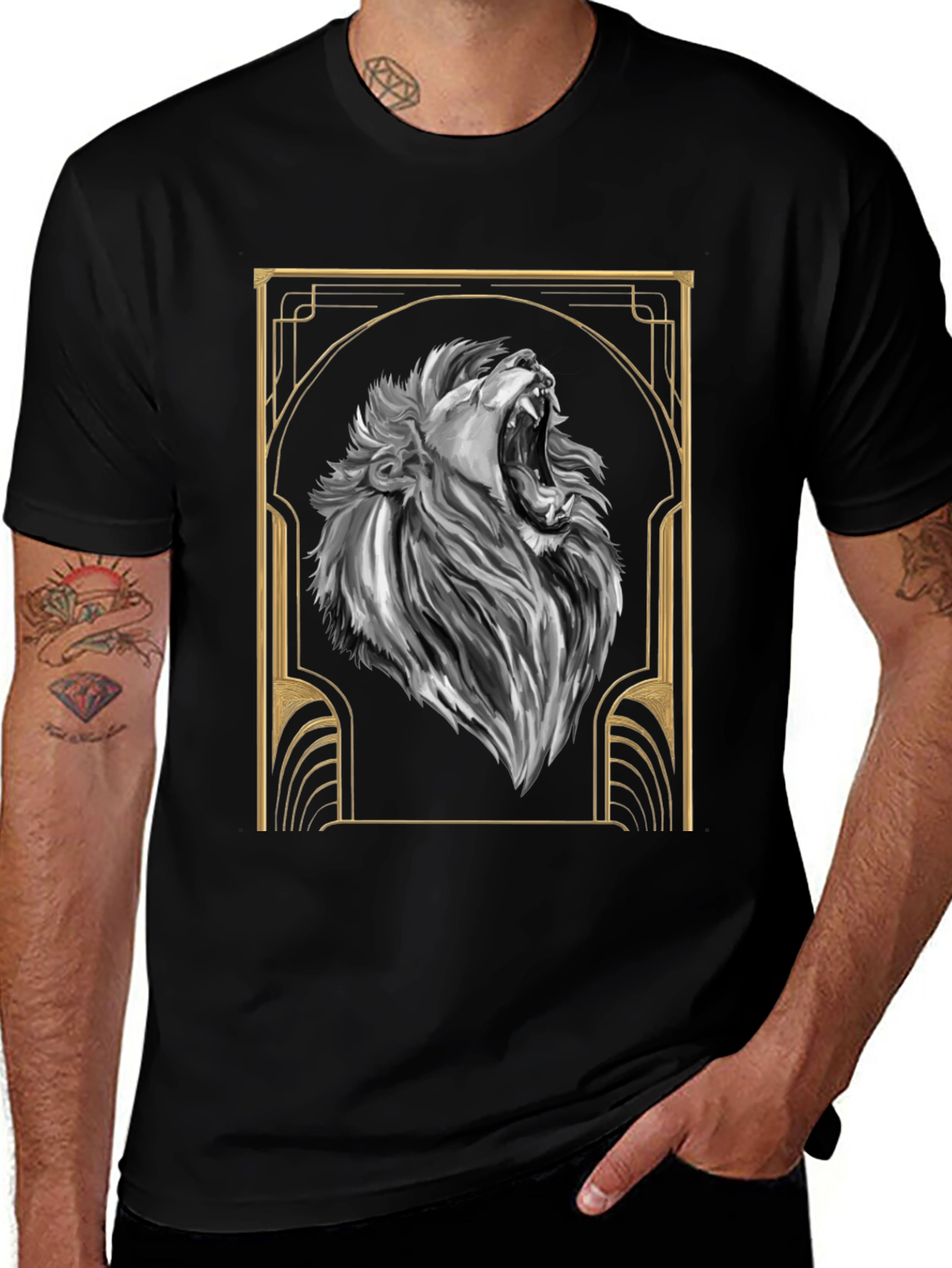 Variant 19 of Lion Art Deco T-Shirt - Black Graphic Tee