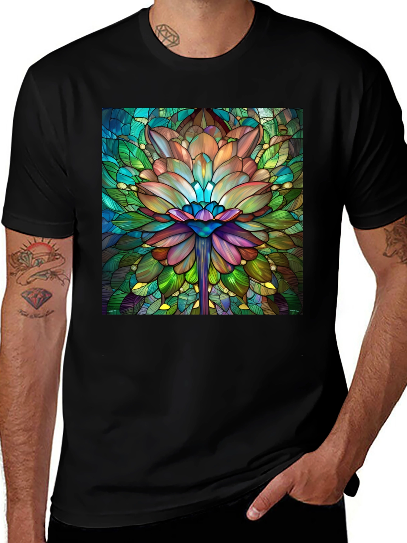 Variant 6 of Floral Stained Glass Graphic Tee - Men's Black T-Shirt