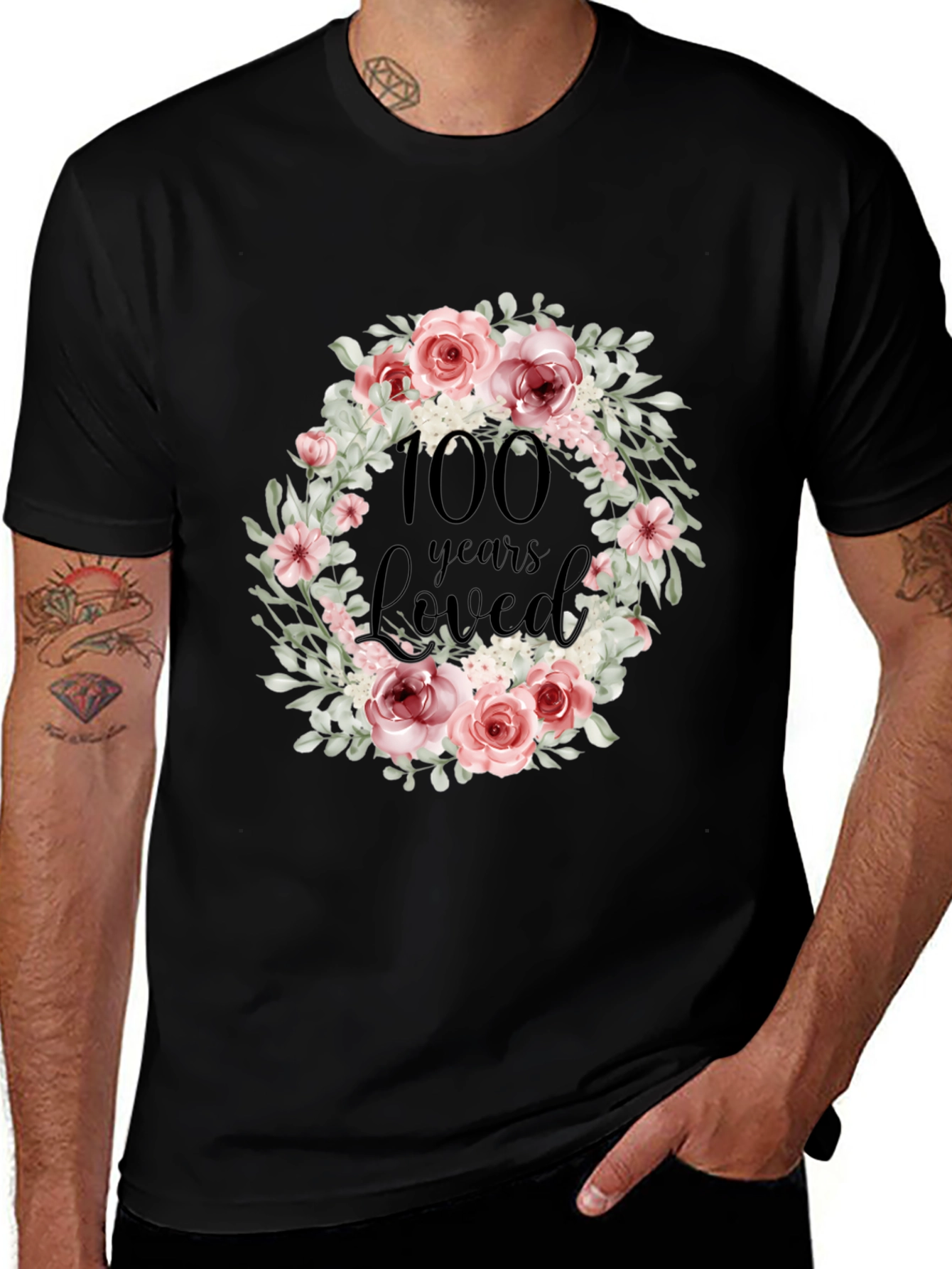 Variant 22 of 100 Years Loved Floral Wreath Black T-Shirt