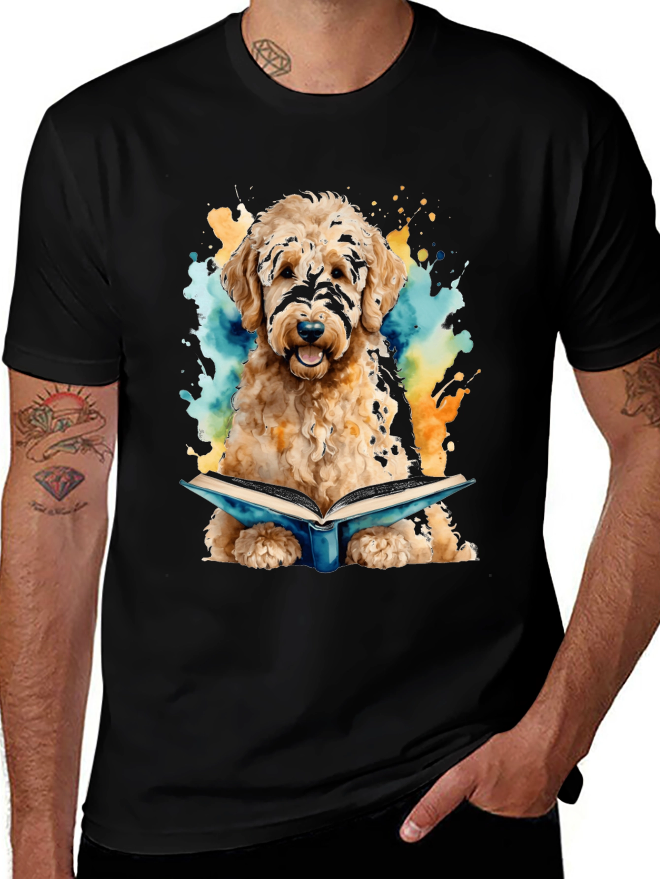 Variant 3 of Dog Reading Book T-Shirt - Watercolor Design