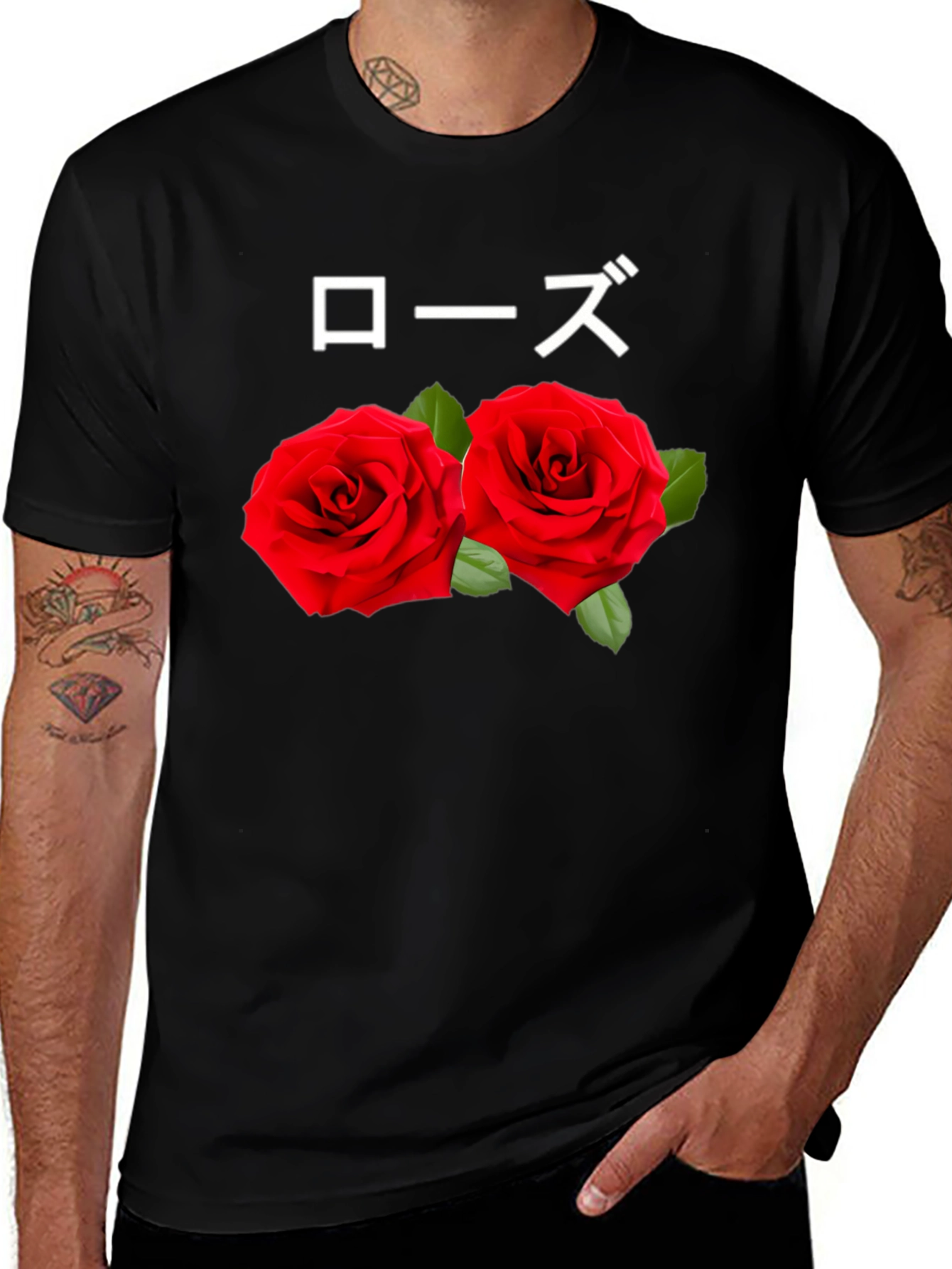 Variant 13 of Rose T-Shirt: Japanese Text & Floral Design