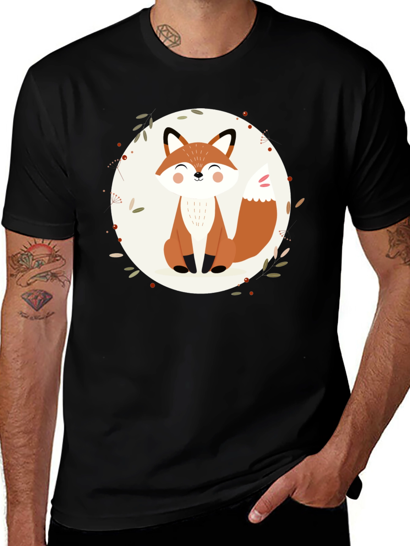 Cute Fox Graphic Black T-Shirt
