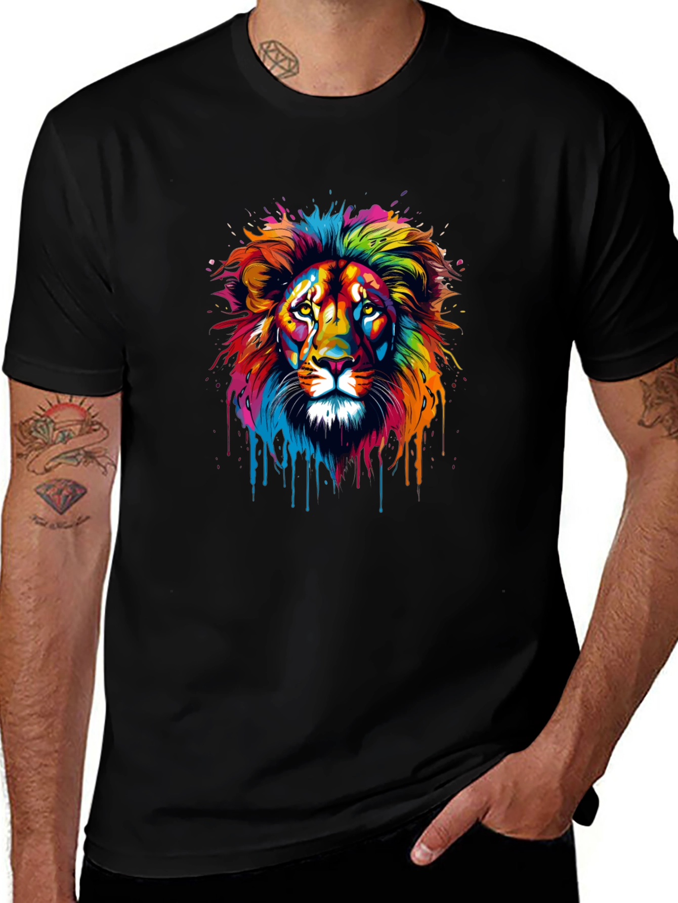 Variant 11 of Vibrant Lion Head Graphic Tee - Stylish Men's Black T-Shirt