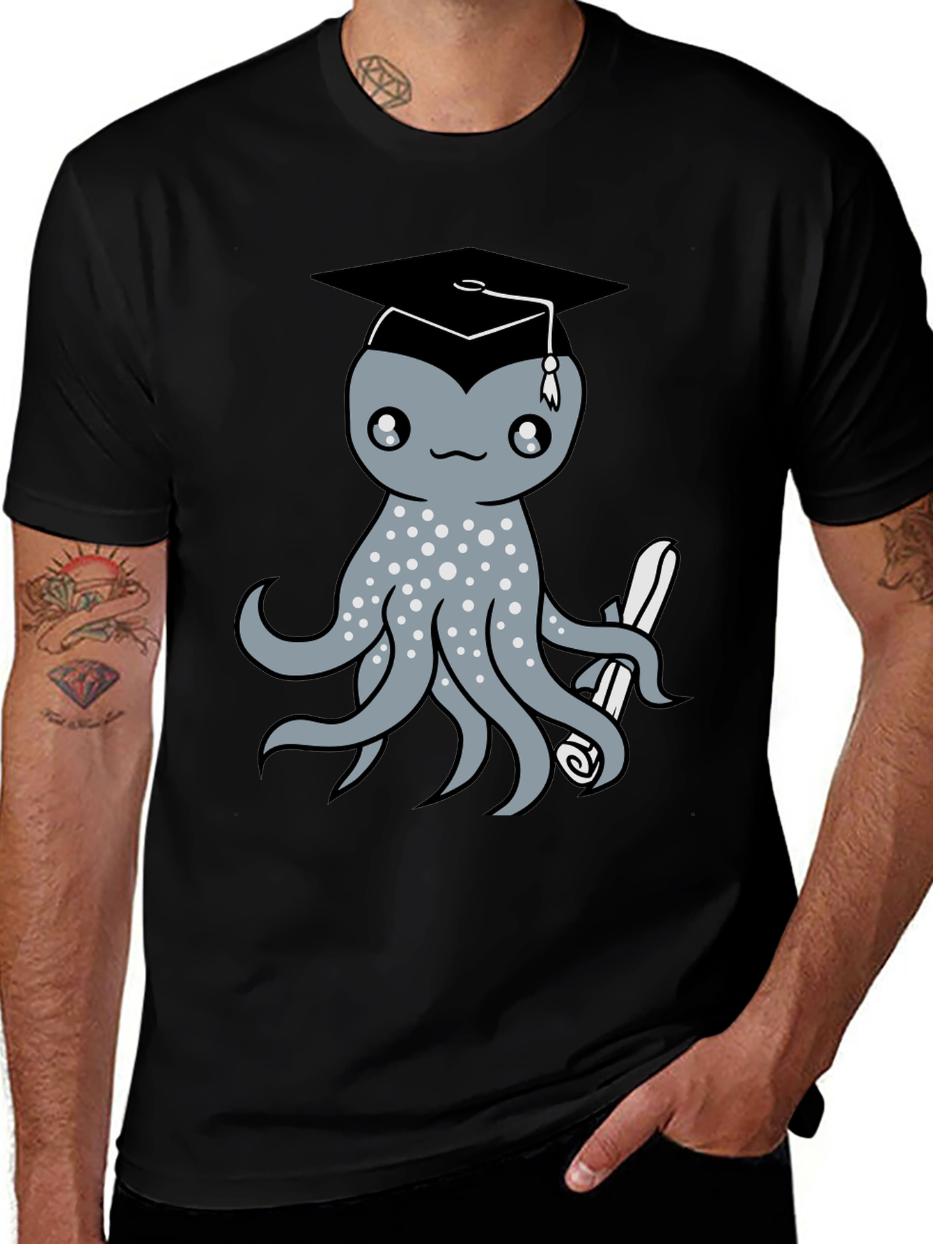 Variant 5 of Graduation Octopus Graphic Tee - Black Cotton