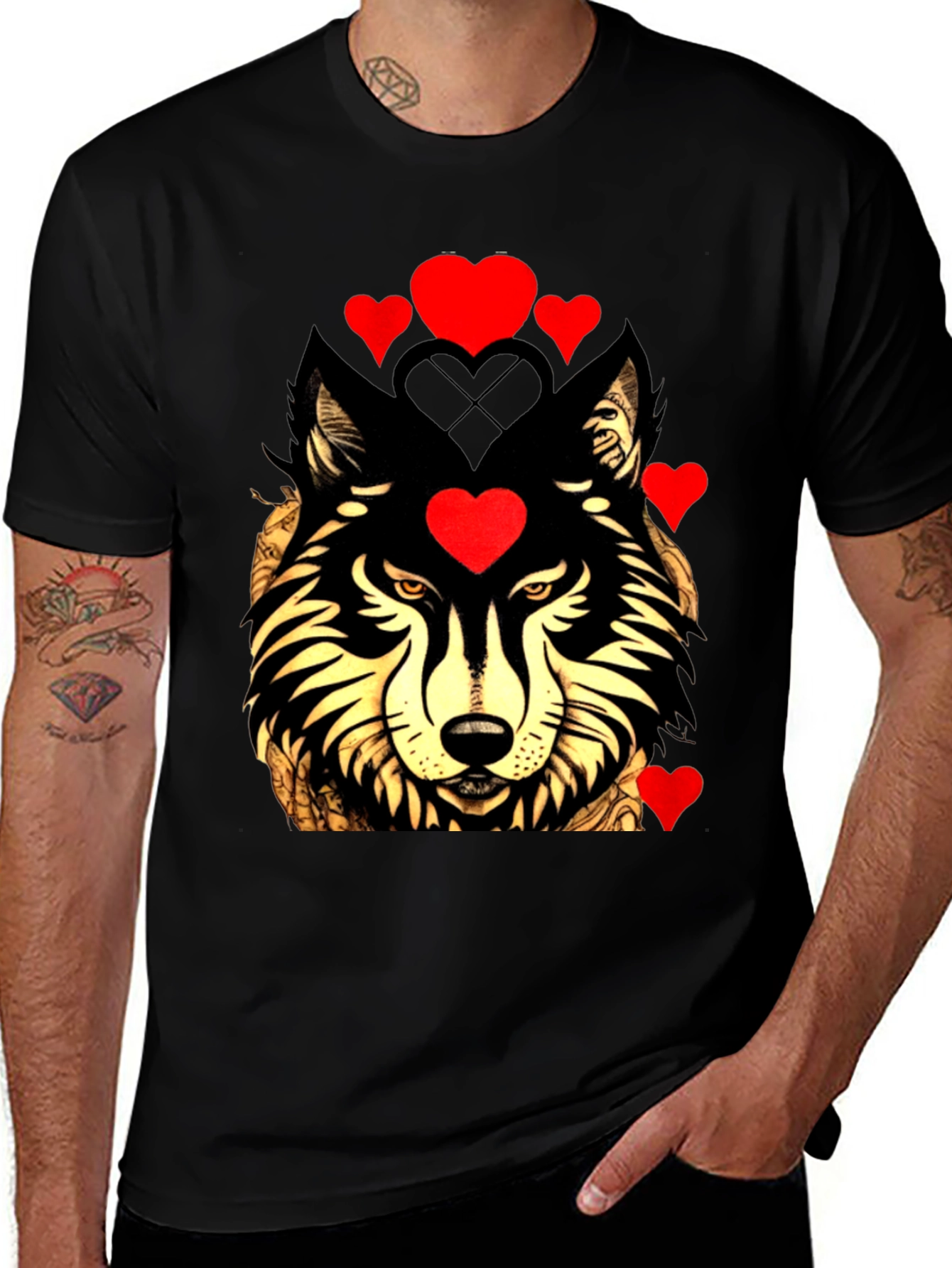 Variant 7 of Wolf Head with Hearts Graphic Tee - Black