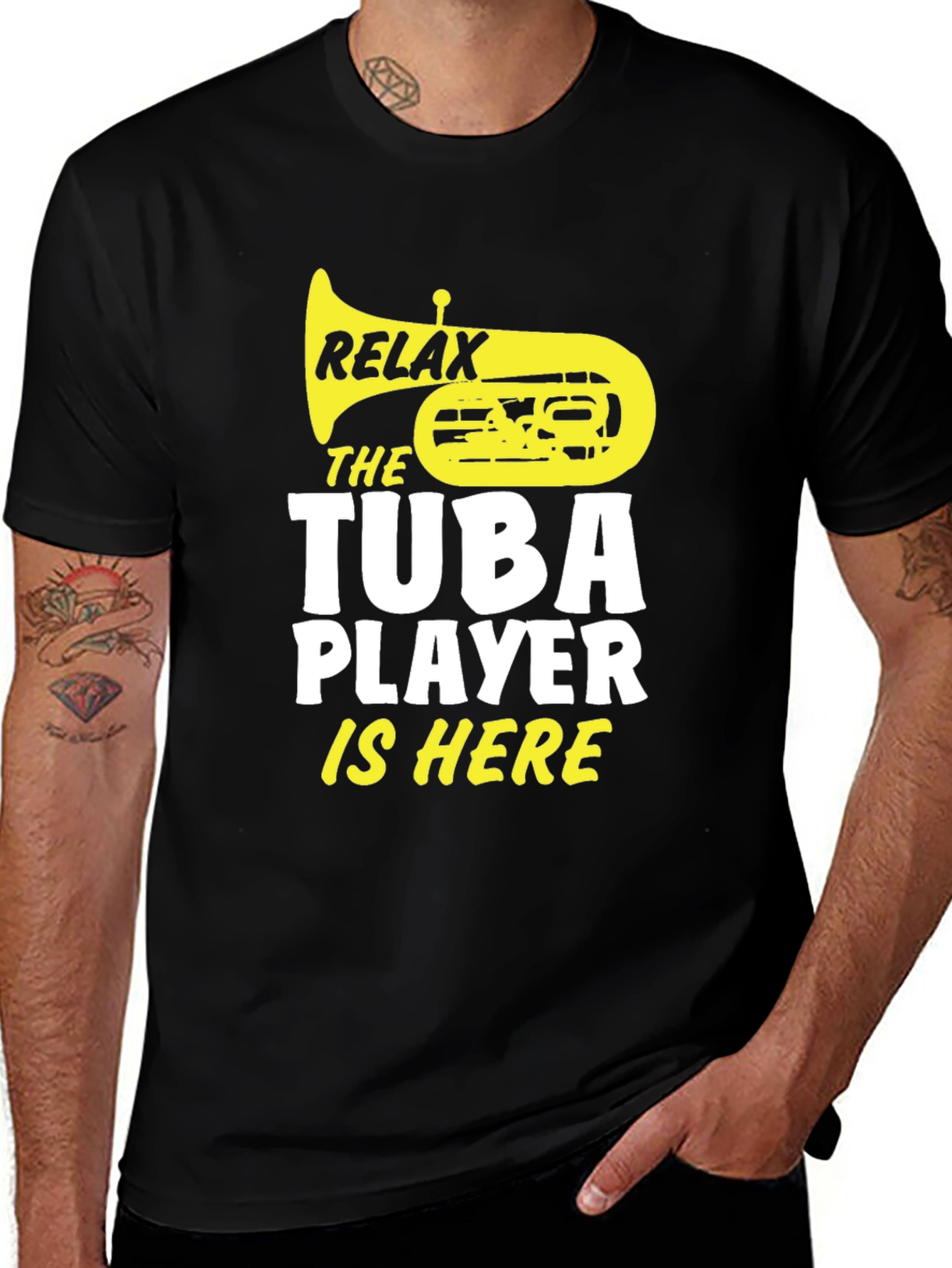 Variant 30 of Relax, Tuba Player Is Here Black Graphic Tee