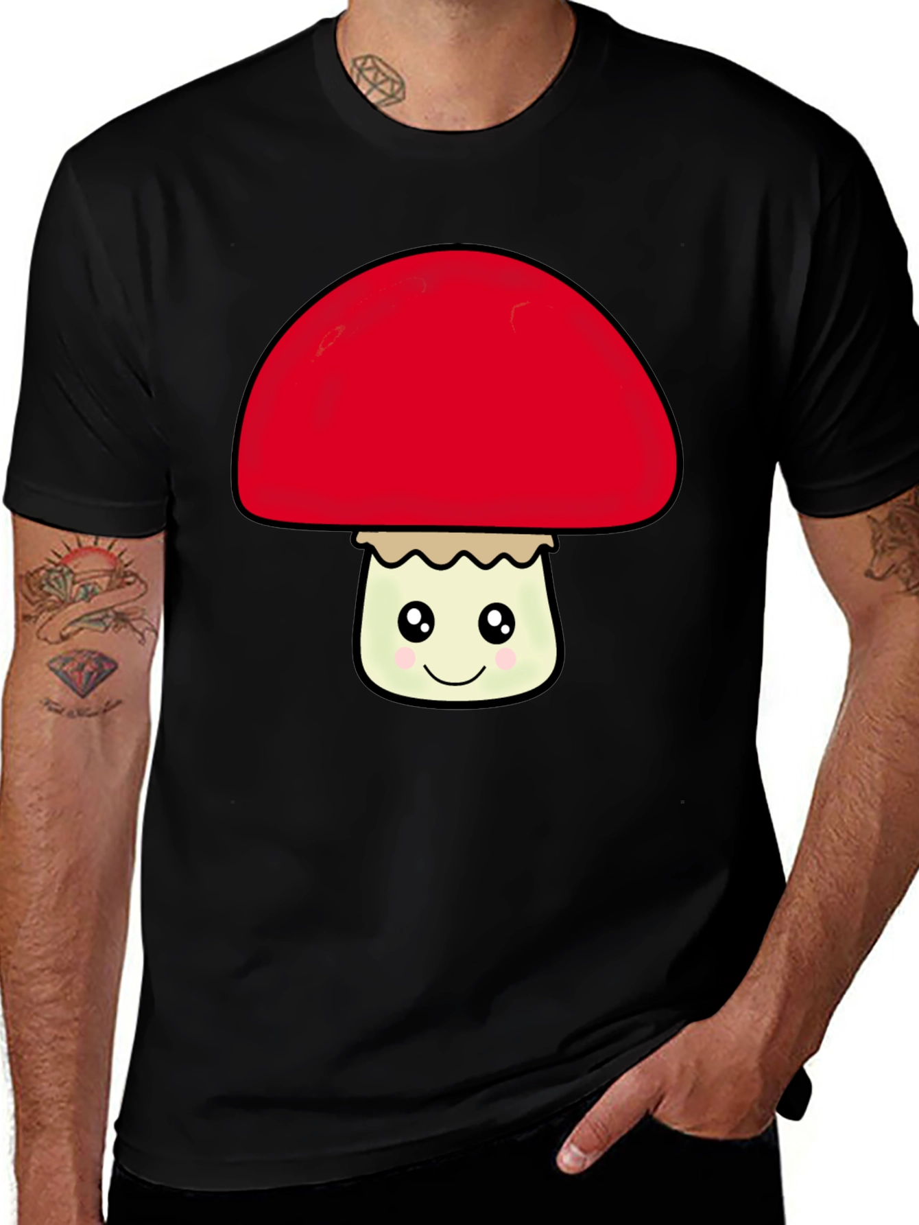 Variant 4 of Cute Mushroom Graphic Tee - Black Cotton T-Shirt