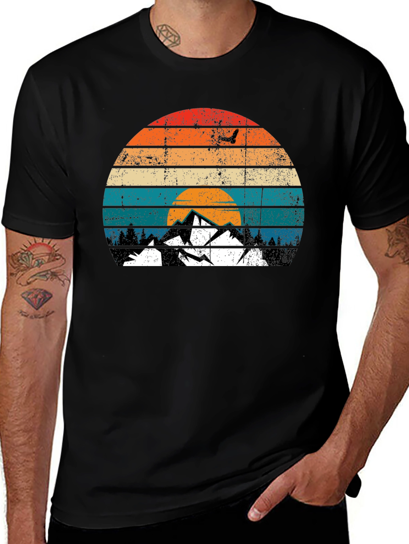 Black Retro Mountain Sunset Graphic T-Shirt main image