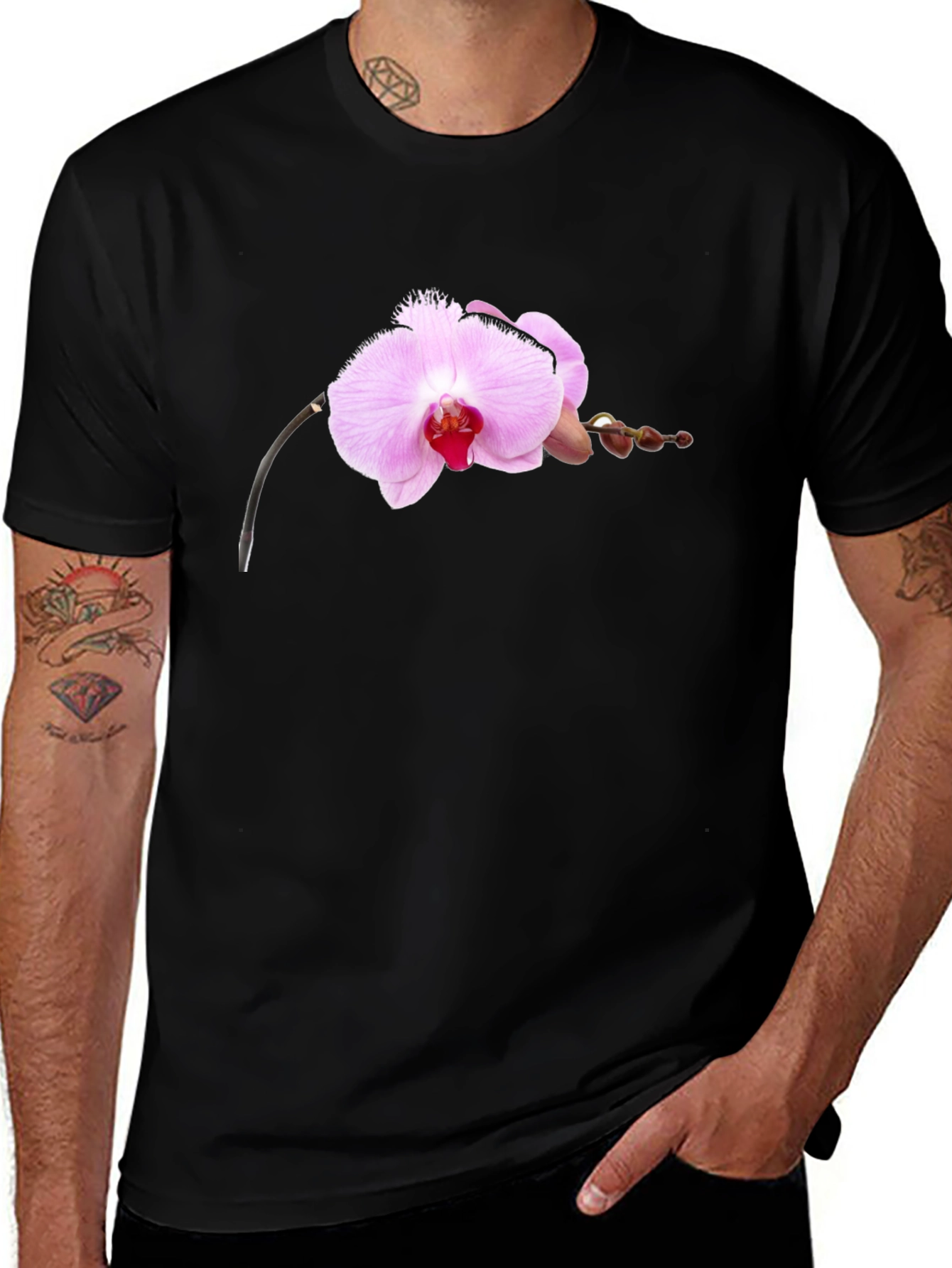 Black Tee with Orchid Design