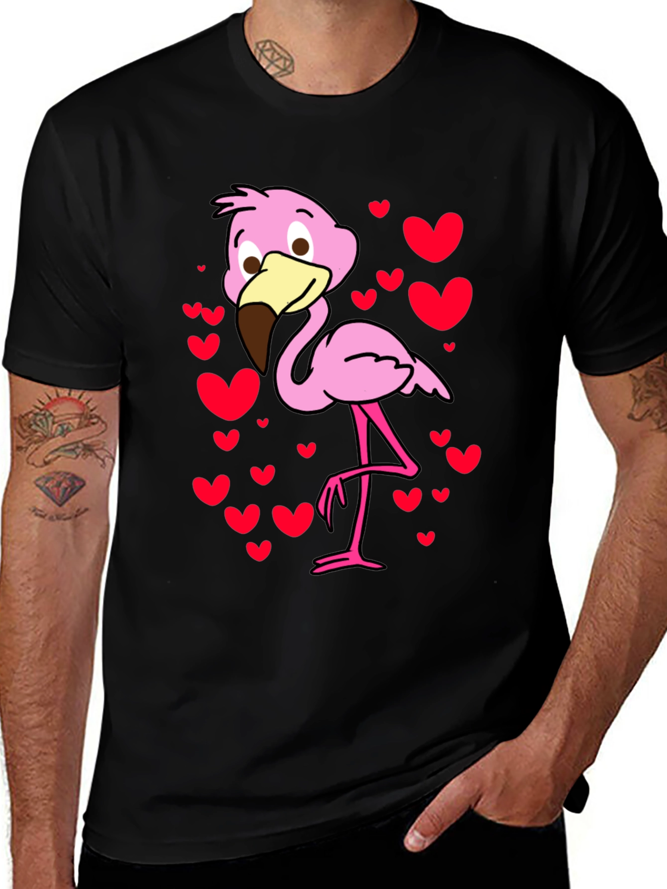 Variant 8 of Cute Flamingo Heart Print Black T-Shirt