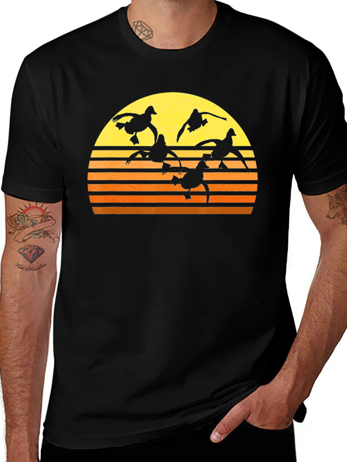 Variant 7 of Sunset Ducks Graphic Tee - Black Cotton T-Shirt