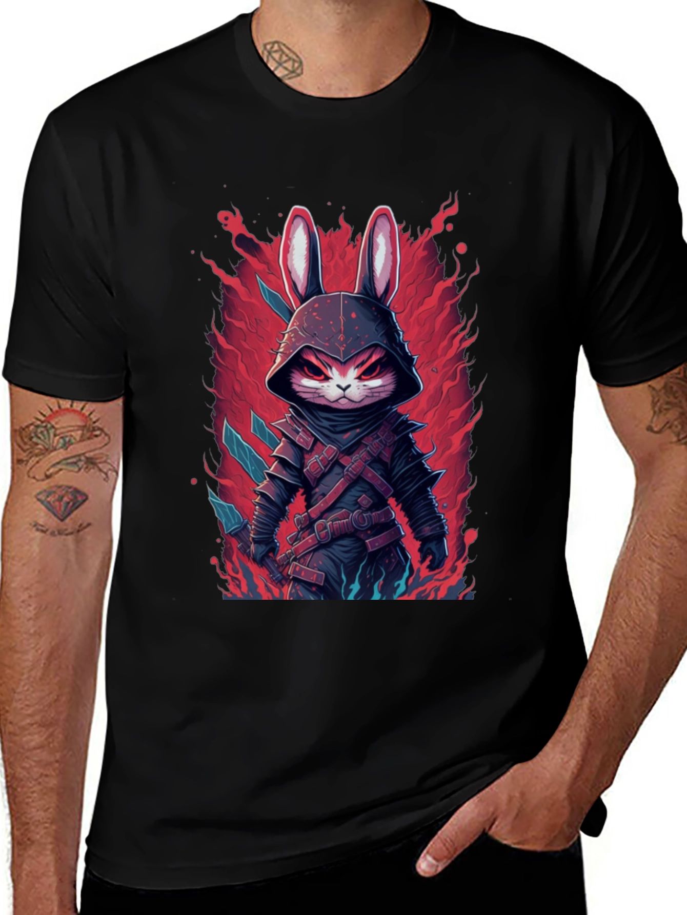 Variant 22 of Men's Black T-Shirt with Rabbit Warrior Graphic