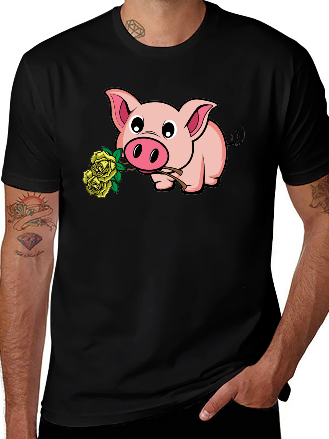 Black Pig Holding Yellow Roses Graphic T-Shirt main image