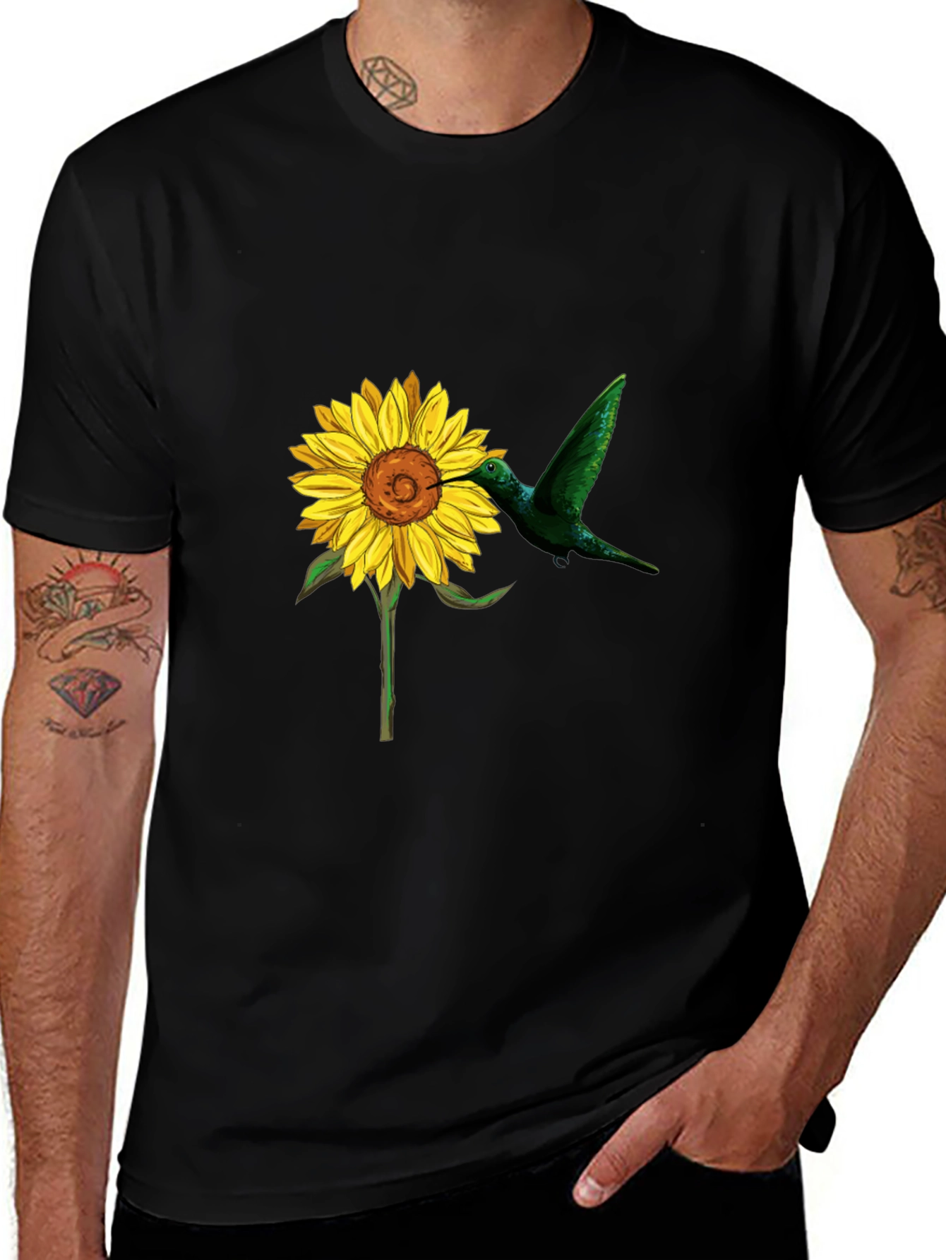 Variant 18 of Hummingbird & Sunflower Graphic Black T-Shirt