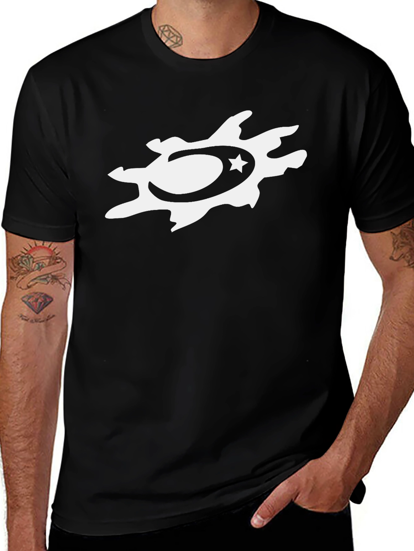Variant 29 of Black T-Shirt with White Star and Crescent Graphic