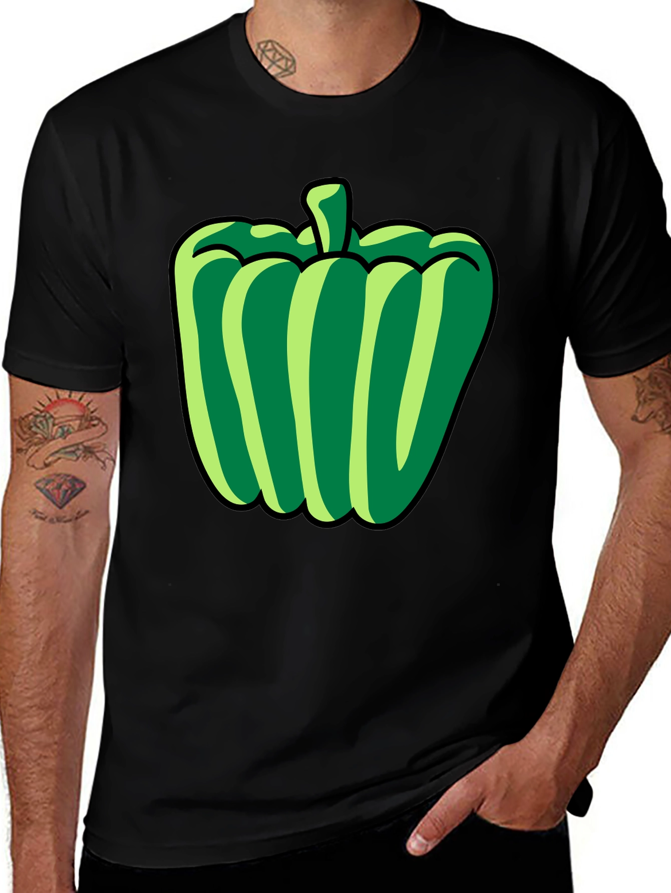 Green Pepper Graphic T-Shirt - Black Casual Tee