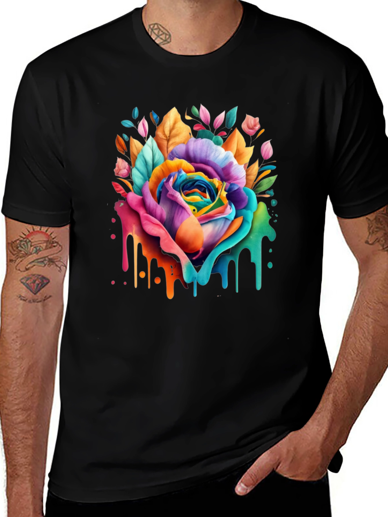 Rainbow Rose Drip Graphic Tee - Vivid Colors