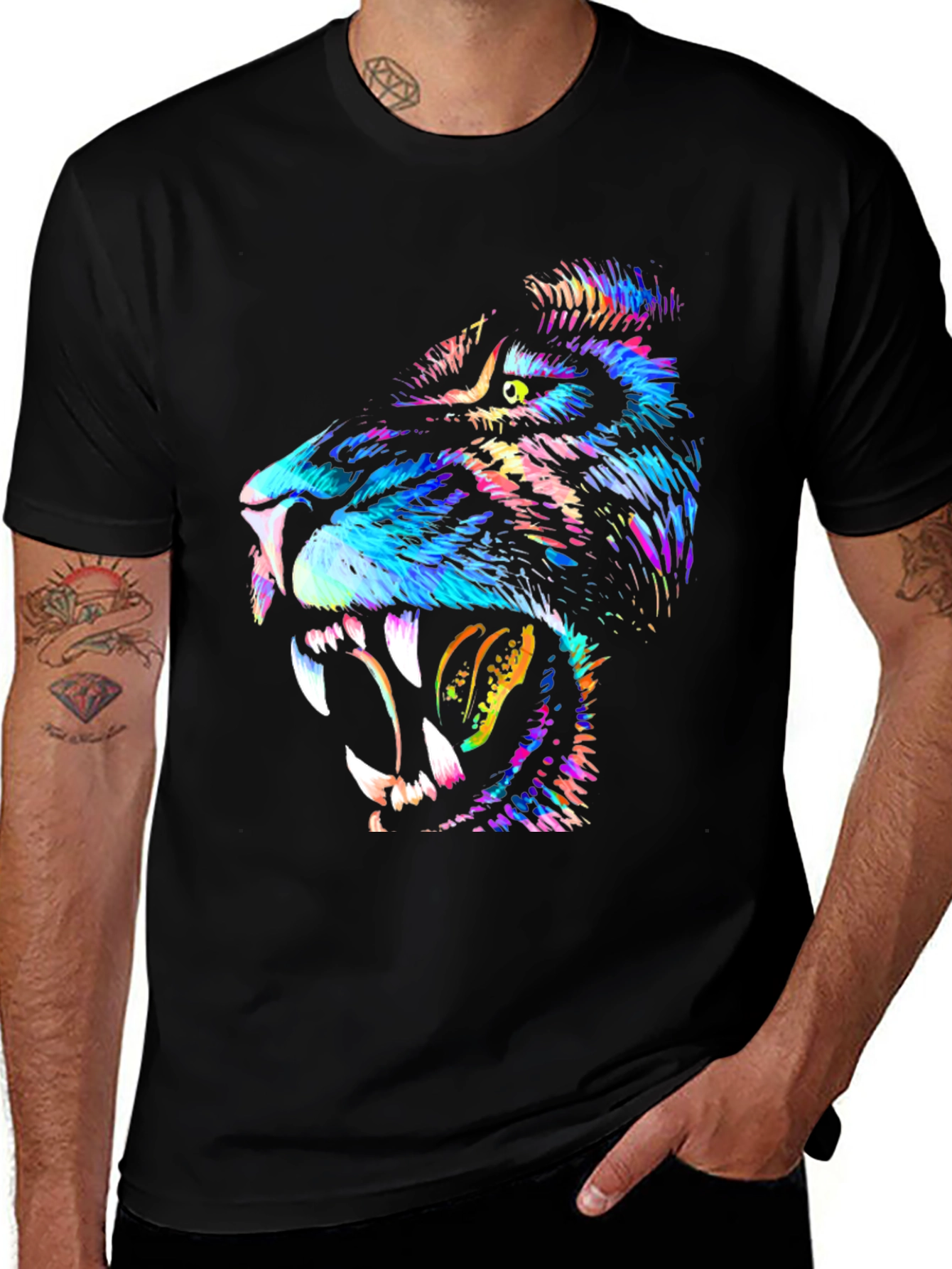 Variant 20 of Colorful Lion Graphic Black T-Shirt