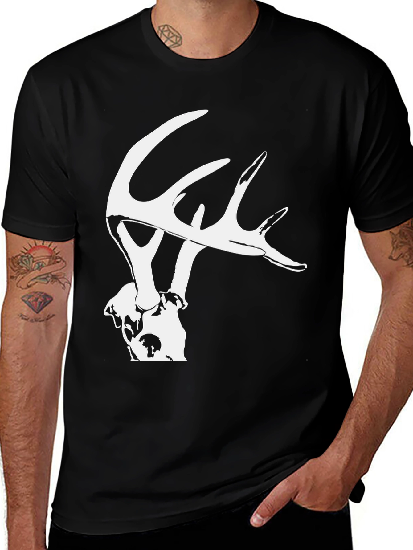 Variant 17 of Black Graphic Tee with Deer Antler Design