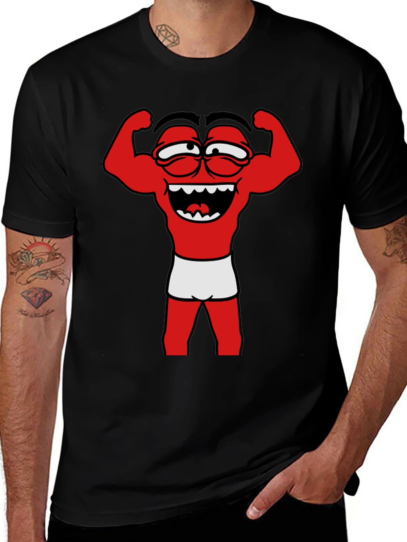 Variant 6 of Funny Muscle Man Cartoon Graphic Tee - Black