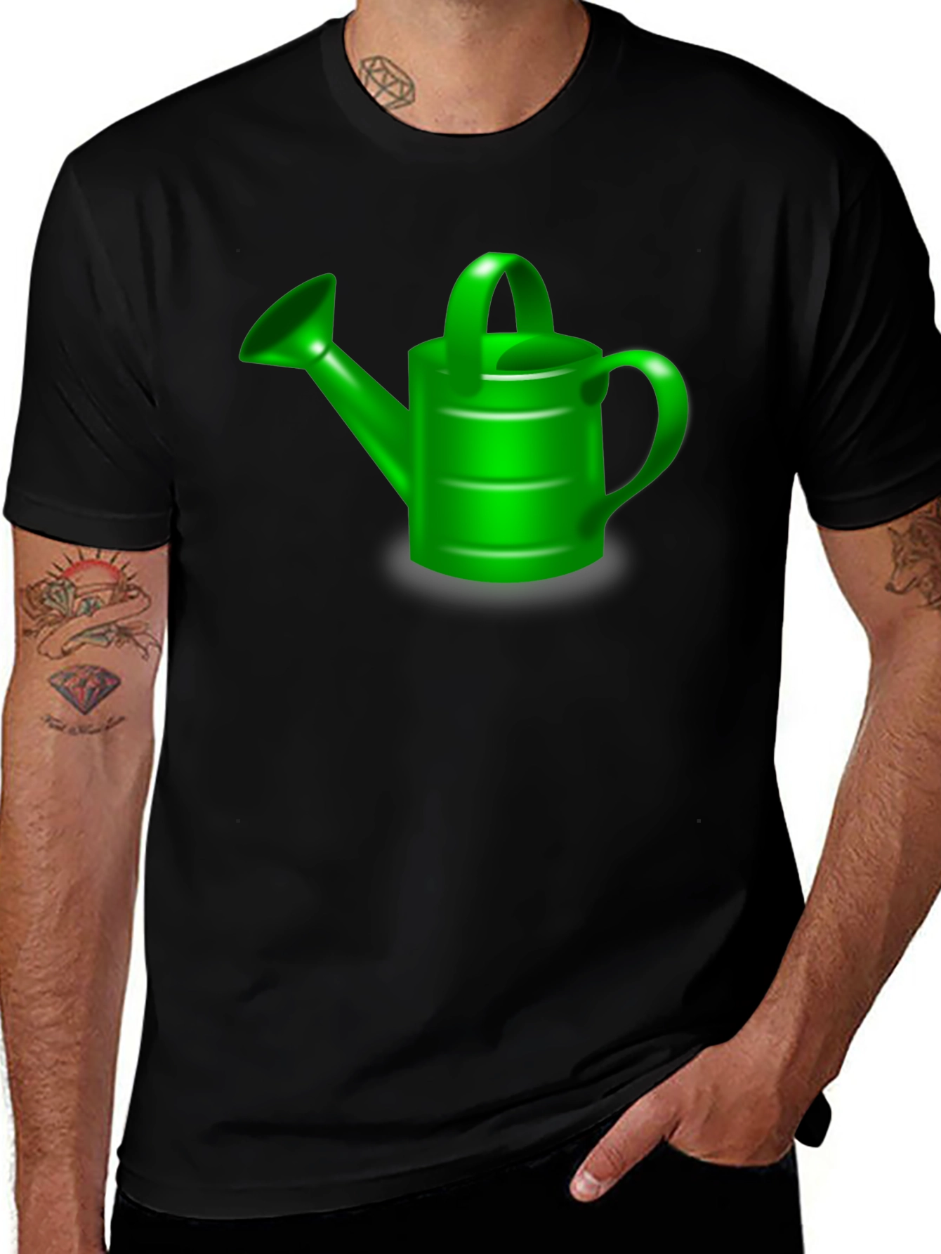 Green Watering Can Graphic Tee - Black Cotton T-Shirt