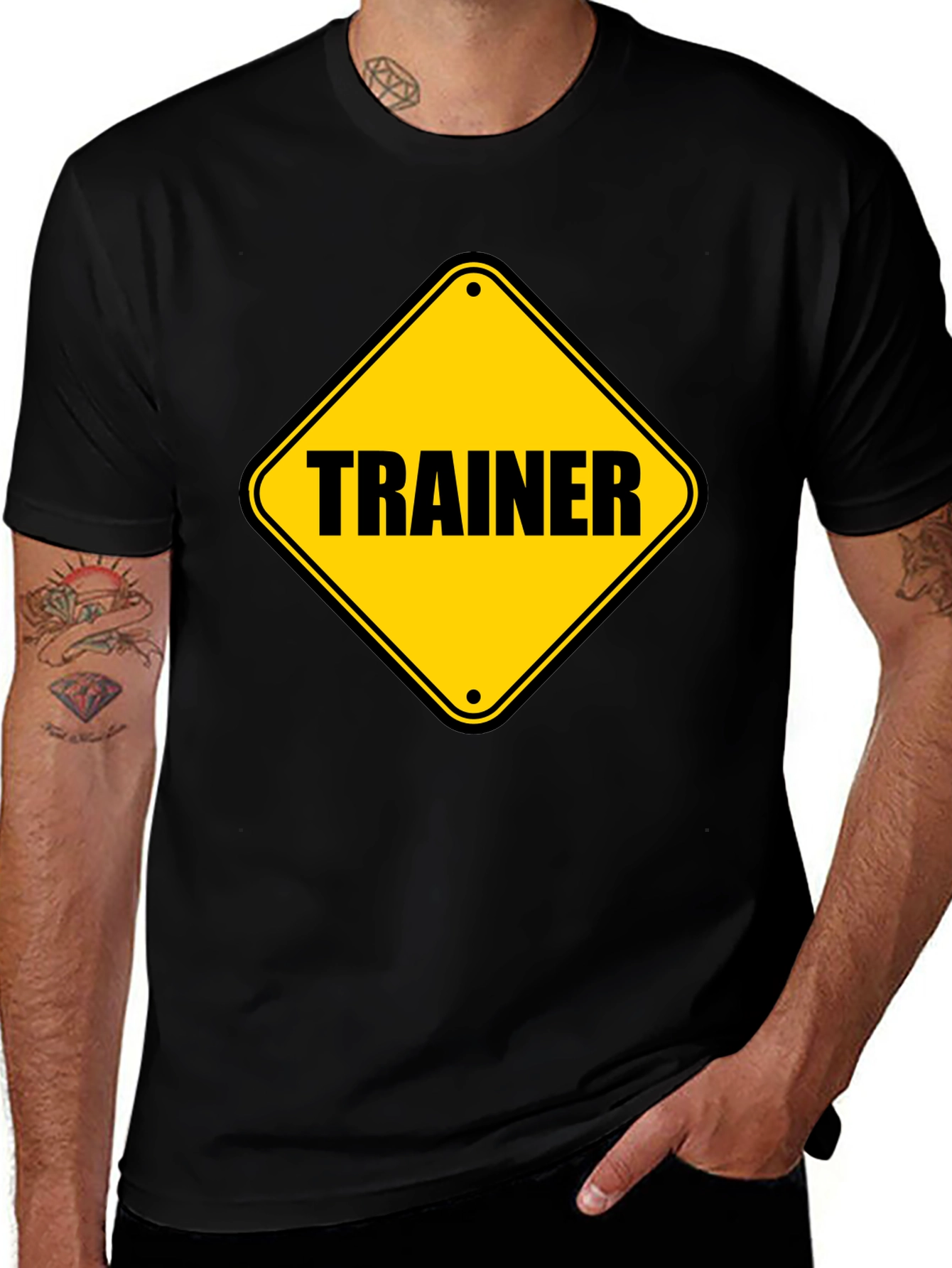 Variant 30 of Trainer Warning Sign Graphic Tee - Black Cotton T-Shirt