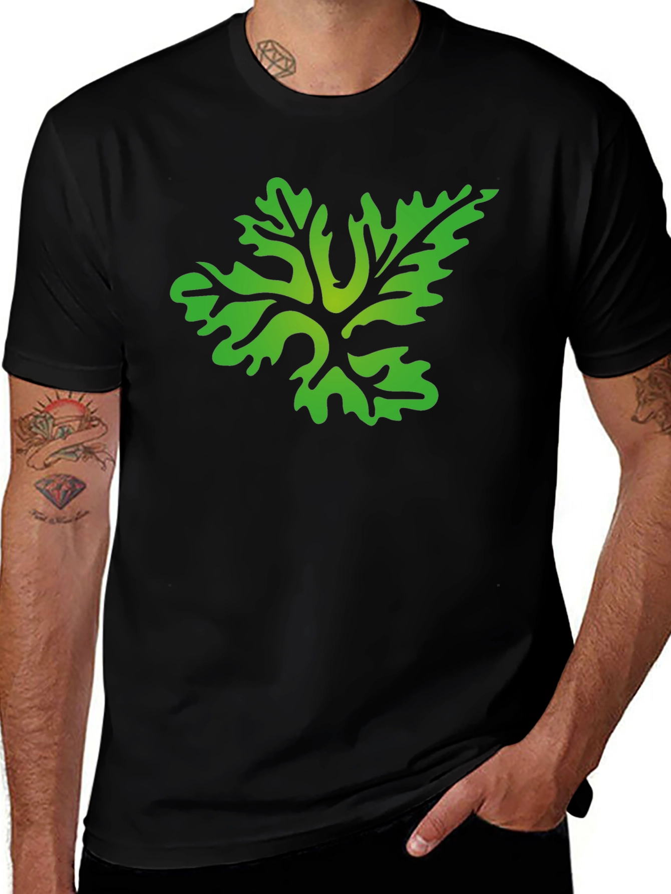 Variant 16 of Green Leaf Graphic Black T-Shirt