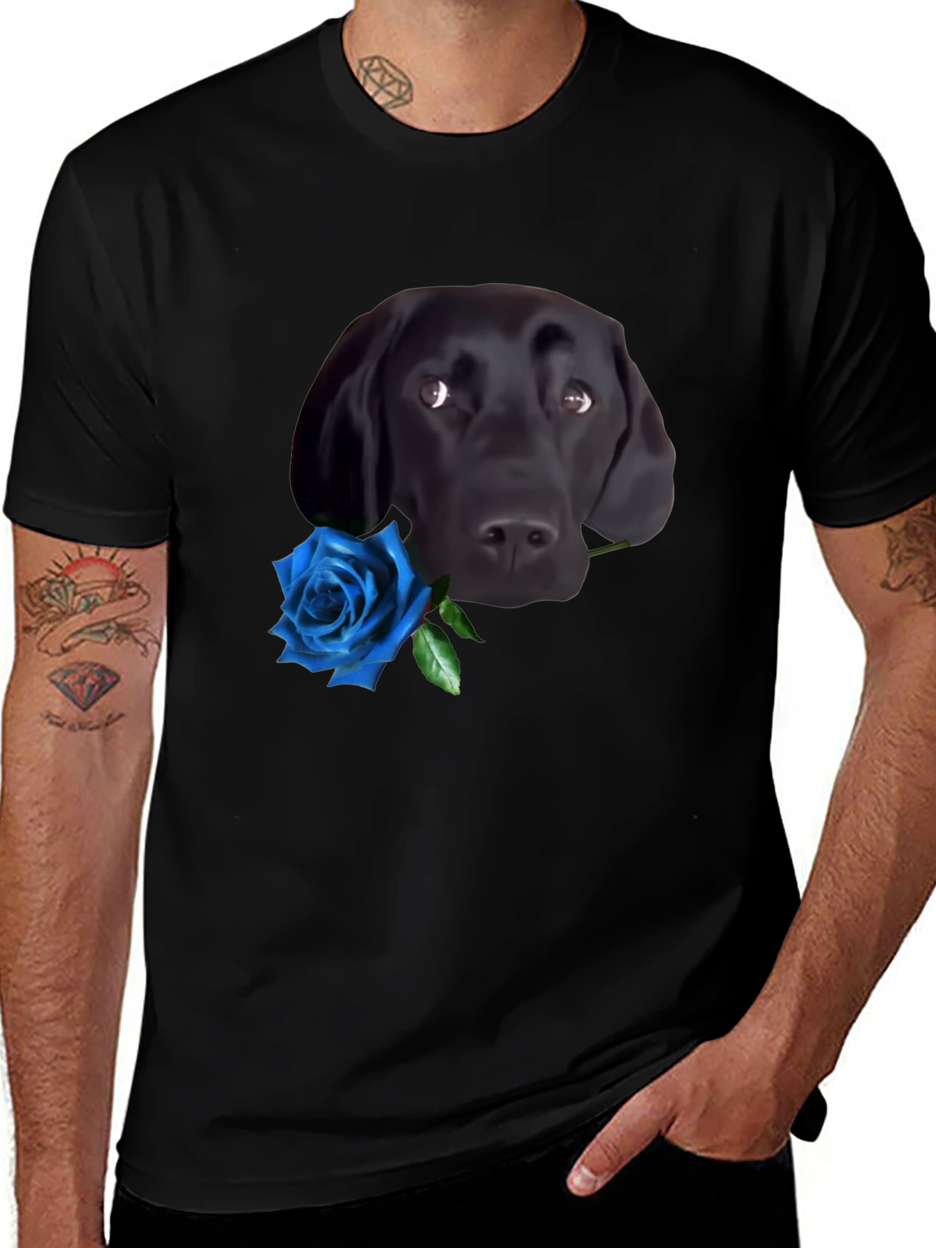 Variant 7 of Dog with Rose T-Shirt - Black Cotton Tee